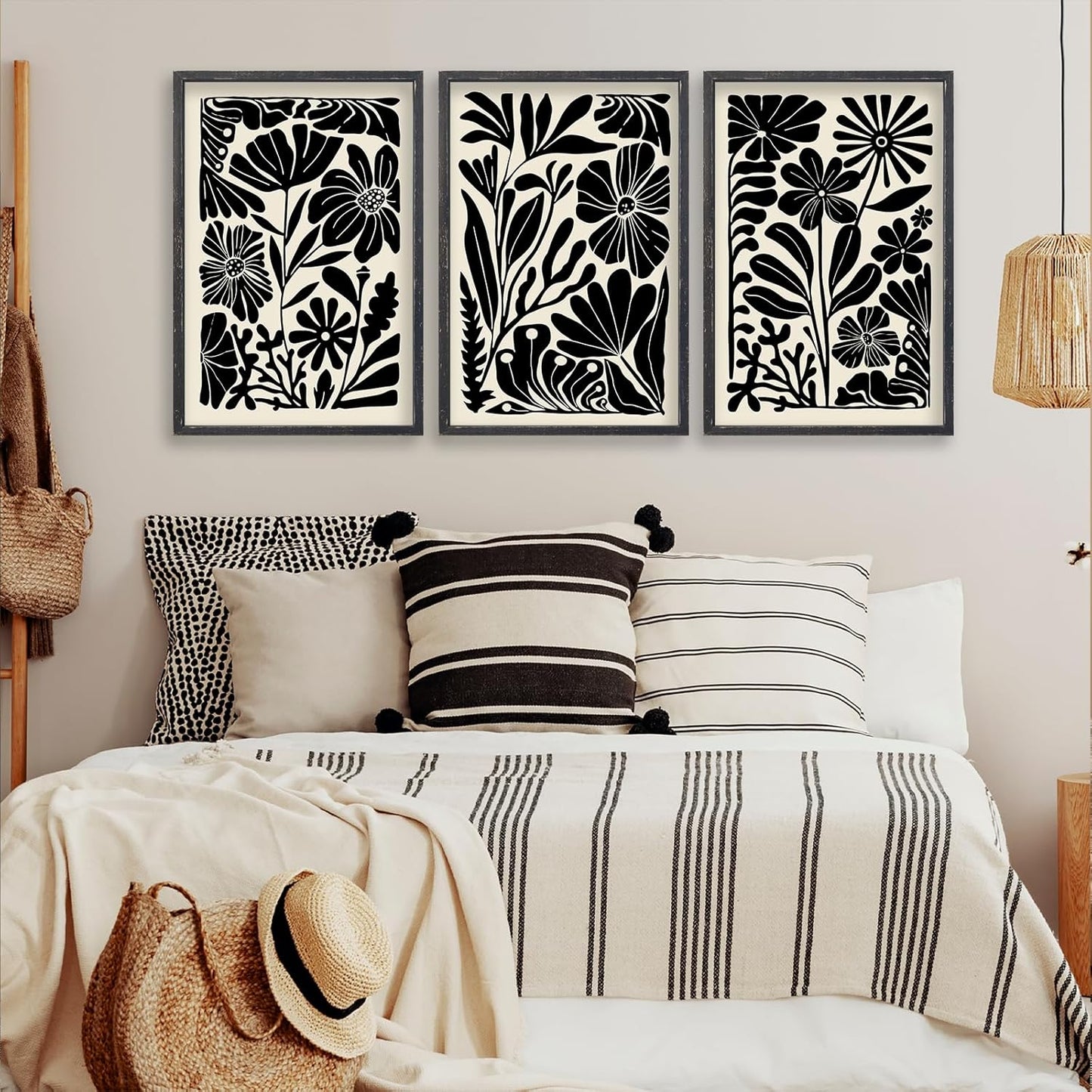 Abstract Floral Botanical Wall Art 16x24 Inch 3 Piece Black Vintage Boho Plant Flower Minimalist Wood Frame Sign Home Living Room Family Office Mid Century Print Wall Hanging Decor (Black)