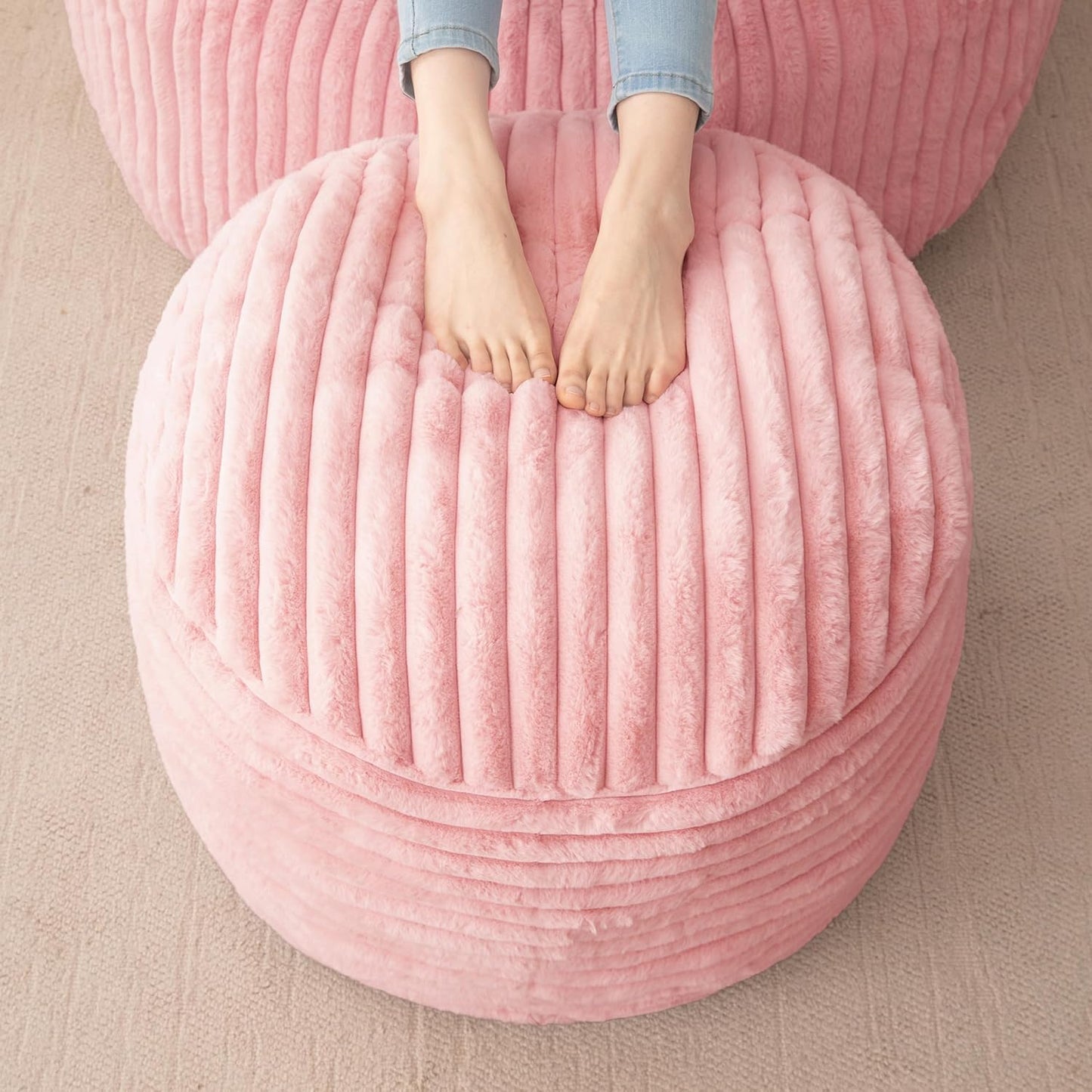 HIGOGOGO Round Stuffed Pouf Ottoman, Stripe Faux Fur Poufs with Foam Chunk Filling, Furry and Fluffy Pouf Foot Stool Storage Ottoman, 20 X 15 Floor Poufs Foot Rest for Living Room, Pink