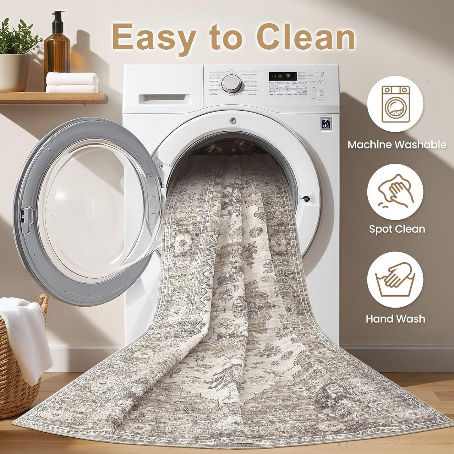 Washable Area Rugs for Living Room - 10x14 Neutral Vintage Distressed Floral Farmhouse Boho Large Soft Floor Rug Indoor Non Slip Carpet for Living Room Bedroom Dining Room Office-Brown/Beige