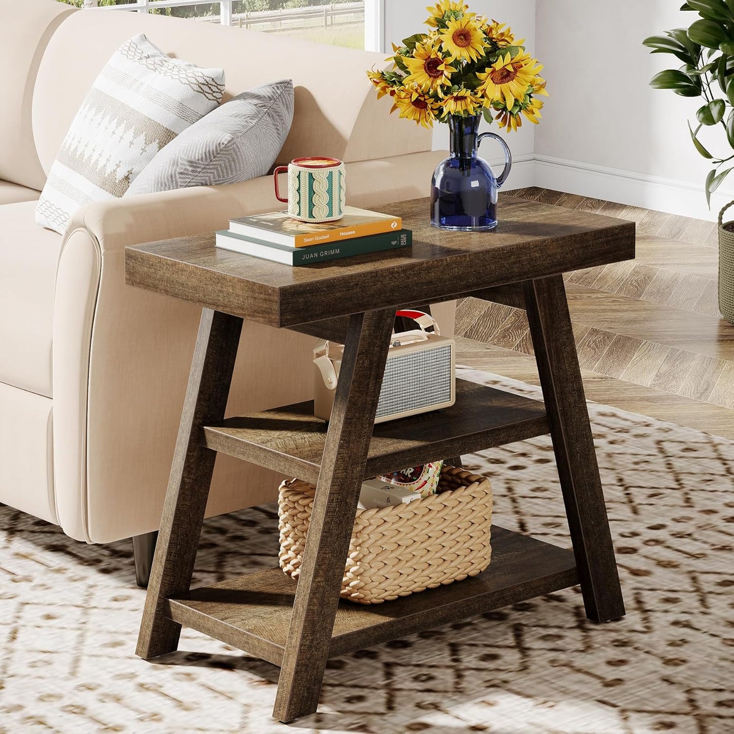 Tribesigns Set of 2 Small Wood Side Table, Farmhouse 3-Tier Narrow Sofa End Table with Storage, Vintage Couch Side Table for Living Room, Wooden Bedside Table for Bedroom, Small Spaces, Rustic Brown