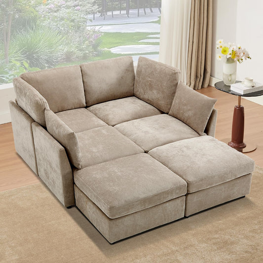Tbfit U Shaped Couch, Sectional Sofa for Living Room,Chenille Cloud Couch with Ottoman 6 Seat, Khaki