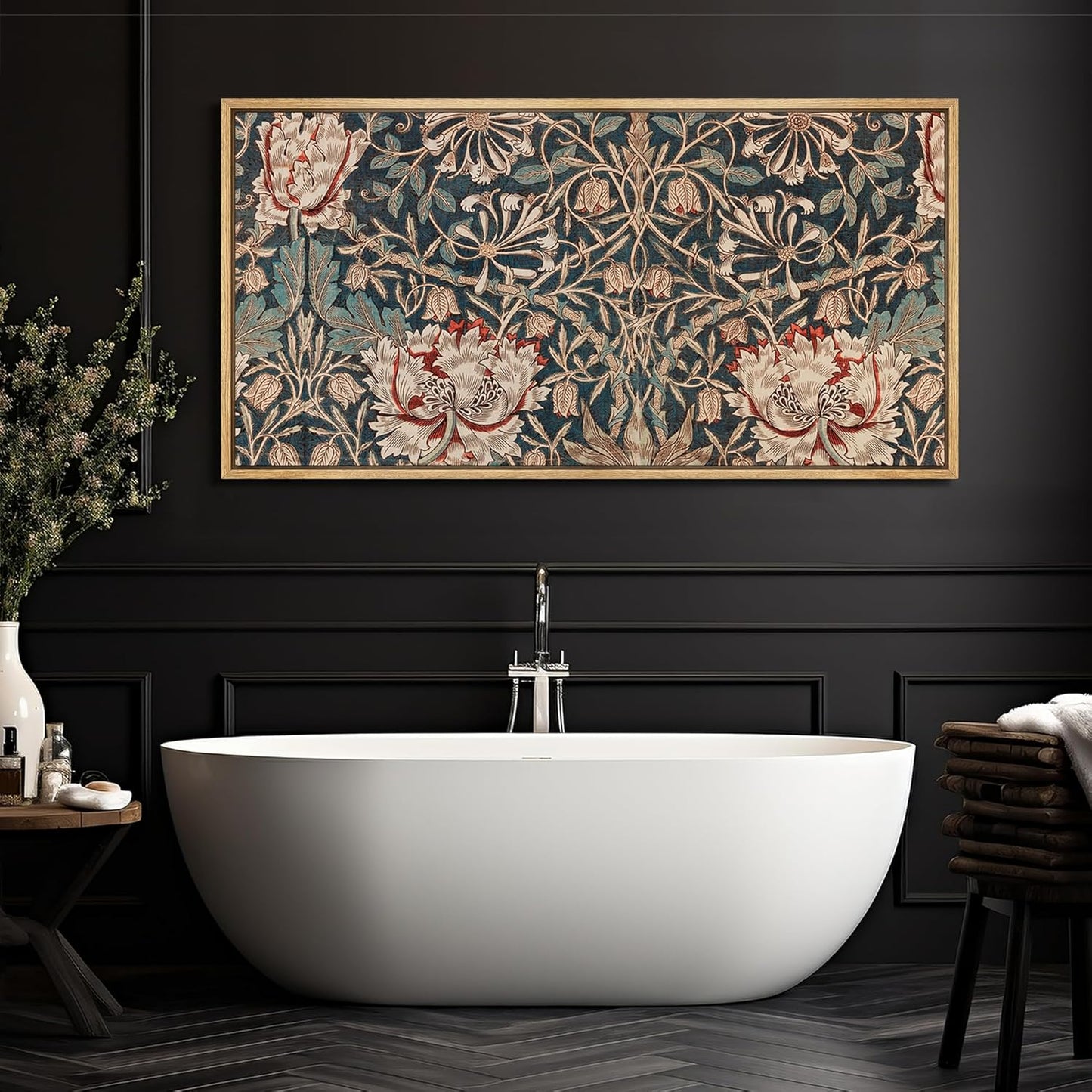 MUDECOR Extra Large Framed Canvas Print Wall Art Botanical Elegance Victorian Style Floral Antique Retro Fine Art Illustrations Decorative Colorful for Bedroom - 60"x30"