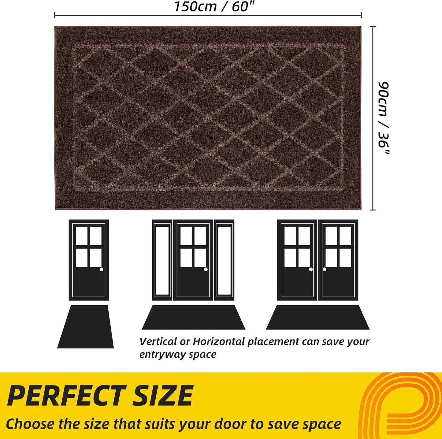 JSEI Dirt Trapper Door Mat 36"x60", Non-Slip Washable Entryway Mats, Dog Door Mat, Stain Resistant and Absorbent Floor Mats, Low Profile Welcome Mat for Front Back Door, Brown