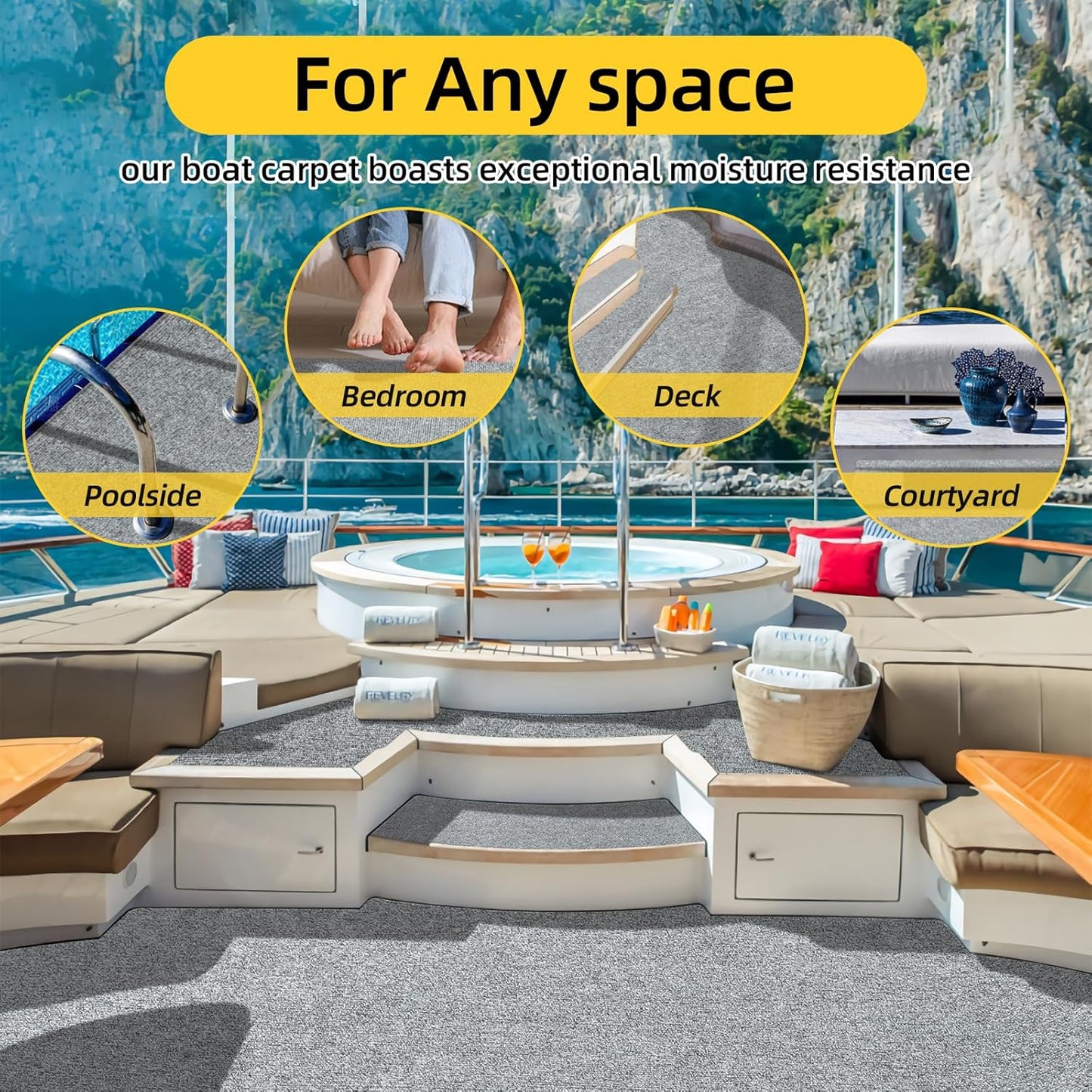 Marine Carpet,5 FT x 15 FT Smoke Gray Indoor Outdoor Carpet 0.2" Thick Boat Carpet with Water-Proof TPE Backing, Non-Slide Outdoor Marine Carpet Roll for Home, Patio, Porch, Deck