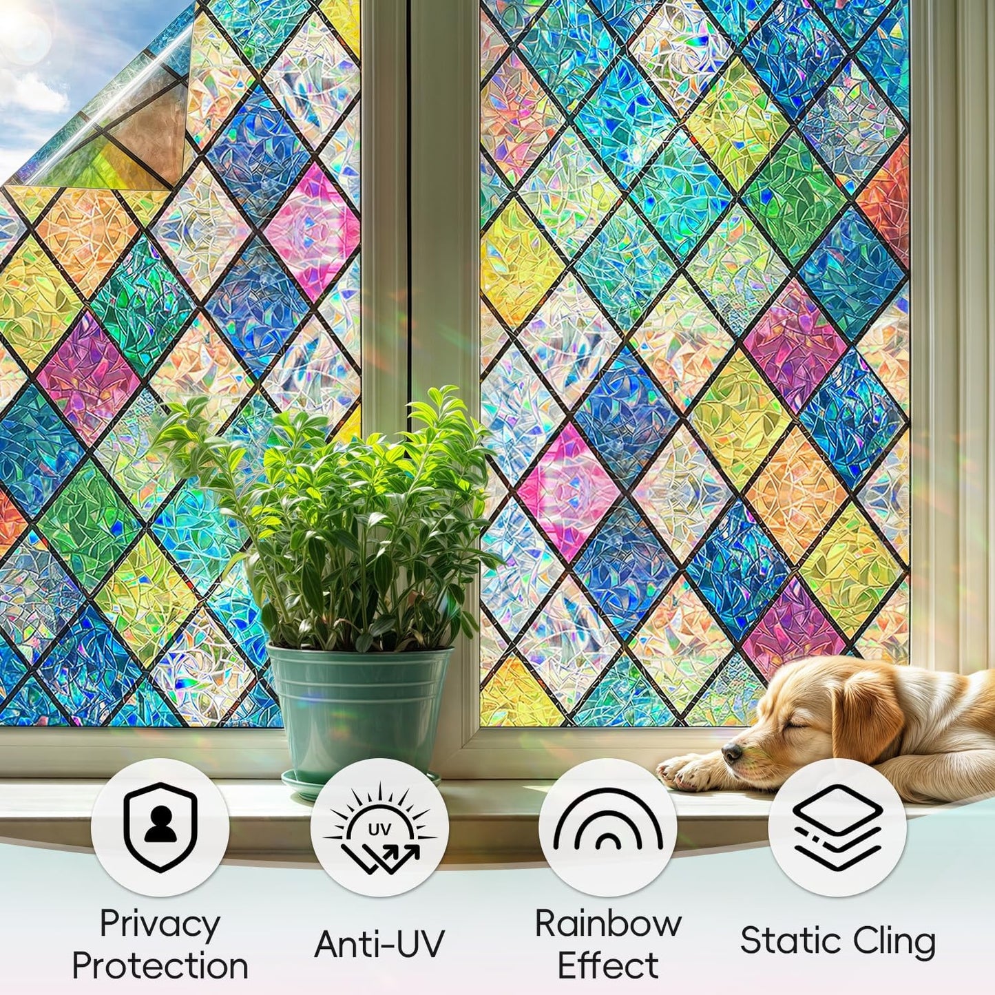 DUOFIRE Stained Glass Window Film Decorative Window Privacy Film Rainbow Diamond Grid Colorful Lattice Windows Cling Anti UV Static Cling Reusable Windows Decal for Home 23.6×78.7 inch