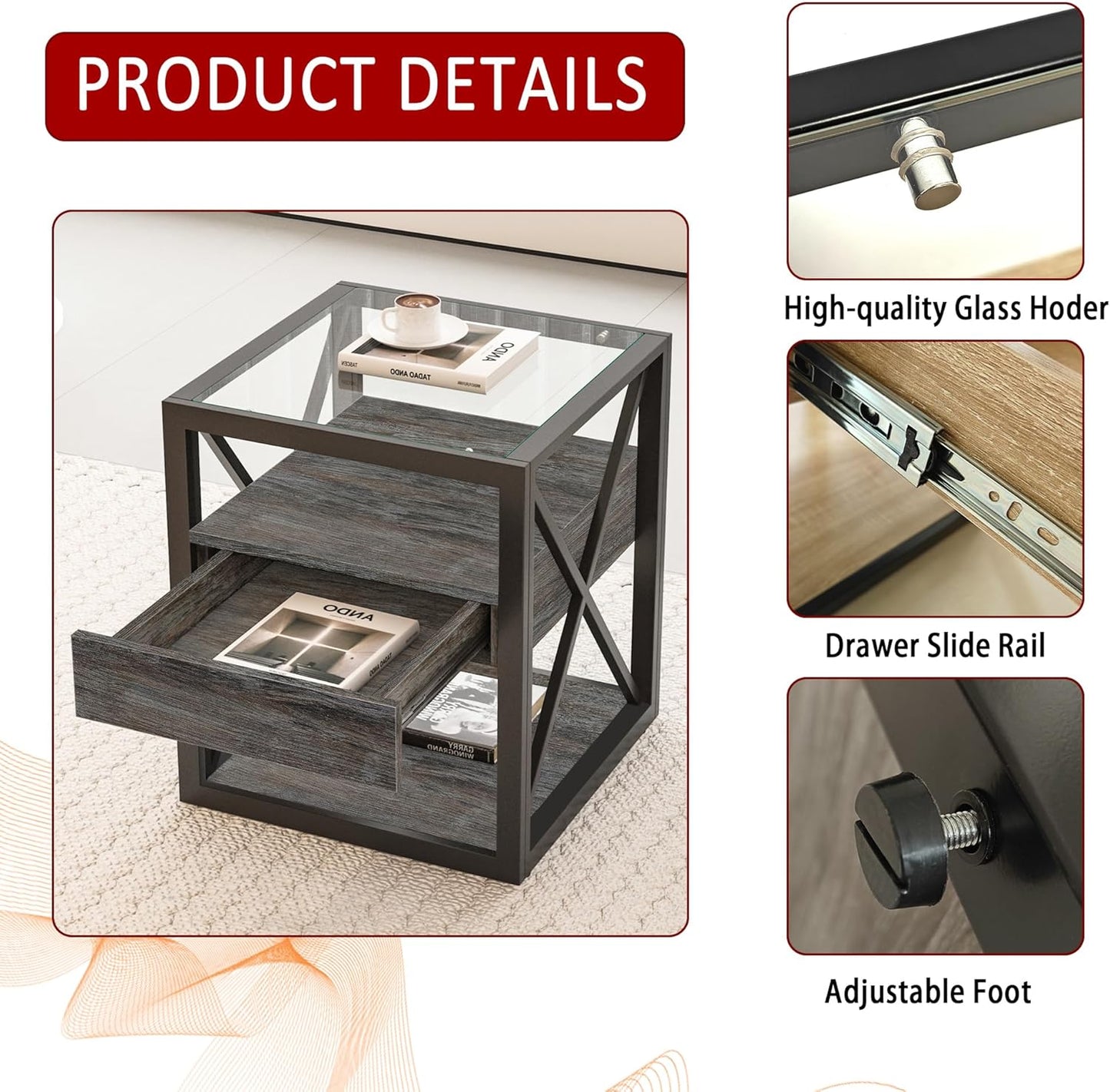 Farmhouse End Table, Modern Side Table with Drawer&3-Tier Storage Shelf, Square Rustic Nightstand, Accent Tea Table, for Bedroom Office Living Room, Grey, Natural Wood, Glass, Metal