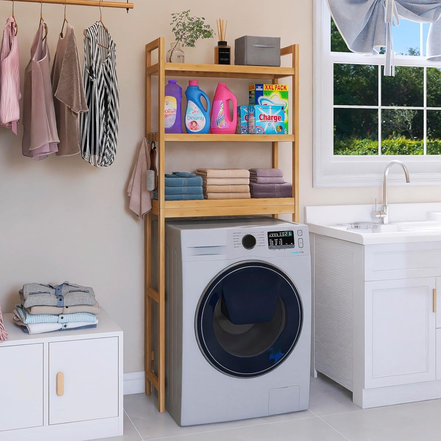 SMIBUY Bathroom Storage Shelf, Bamboo Over-The-Toilet Organizer Rack, Freestanding Toilet Space Saver with 3-Tier Adjustable Shelves (Natural)