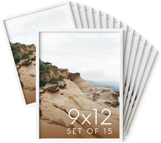 HAUS AND HUES 9x12 White Metal Picture Frames - Features Premium Aluminum, Vertical & Horizontal Hang, Shatterproof Plexiglass - Perfect for Home, Room, Office (9x12 in, White, Set of 15)