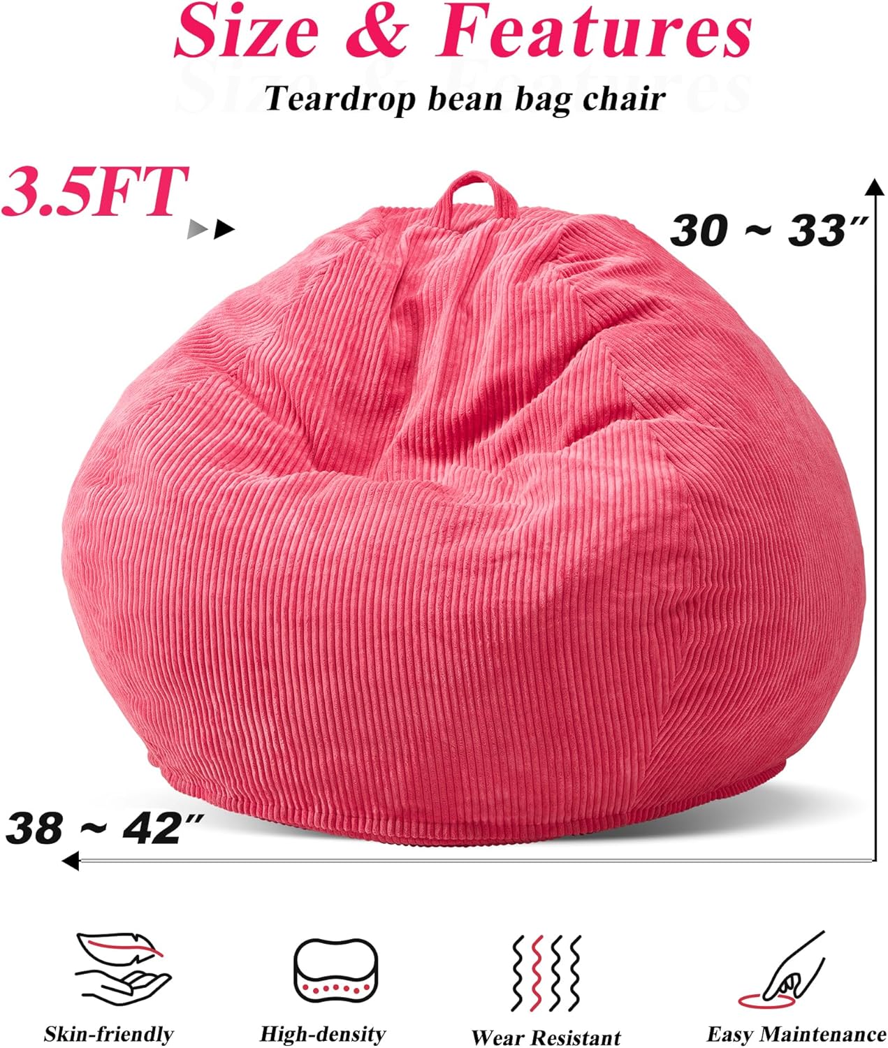 3.5FT Bean Bag Chairs Teardrop Bean Bag Chair for Adults Beanbag Chair with Memory Foam Filled Machine Washable Cover for Living Room, Bedroom (Large,Pink)