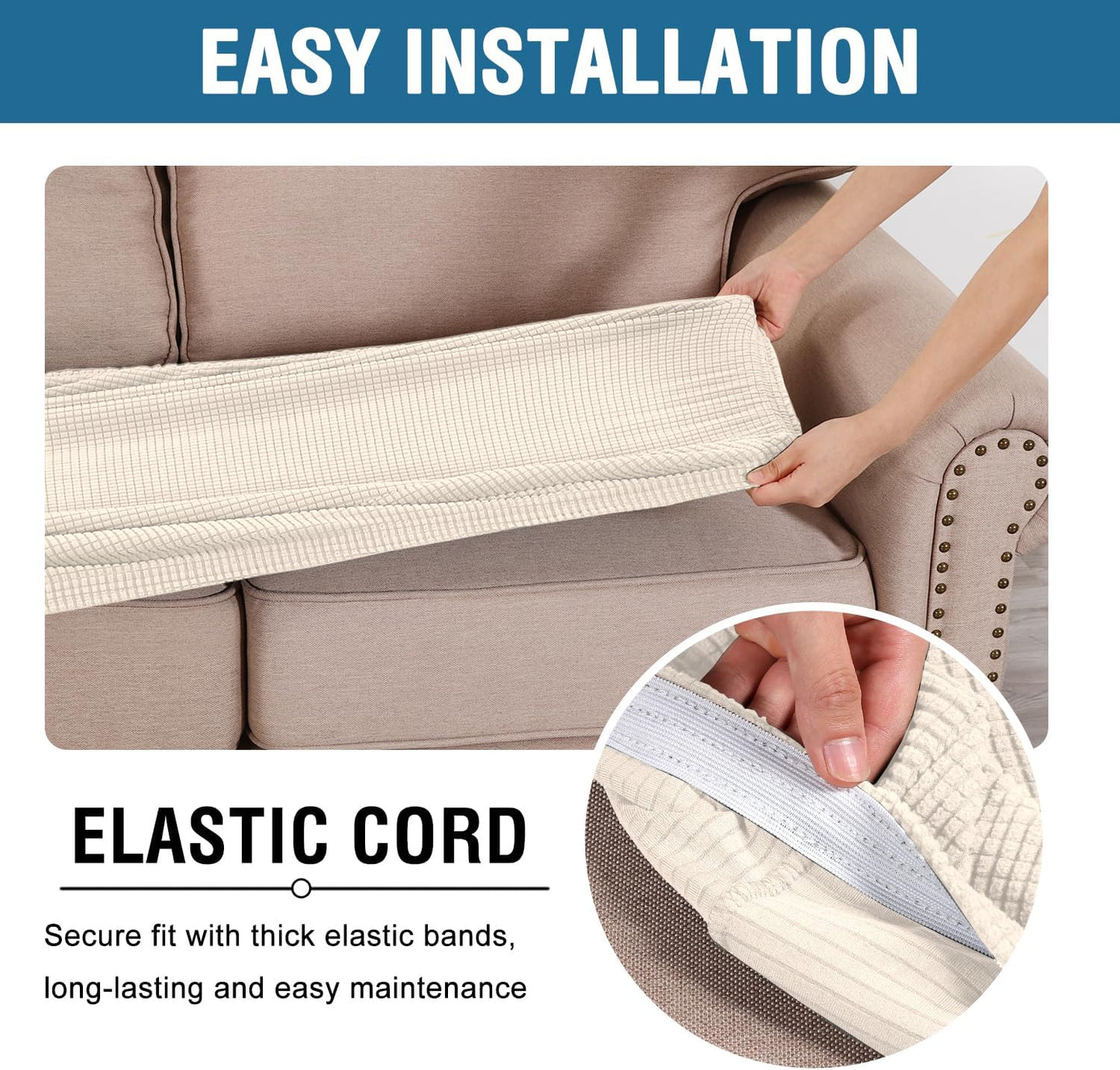 H.VERSAILTEX Super Stretch Individual Seat Cushion Covers Sofa Covers Couch Cushion Covers Slipcover Sets Thick Jacquard Textured Twill Fabric (1 Piece Chair Cushion Cover, Natural)