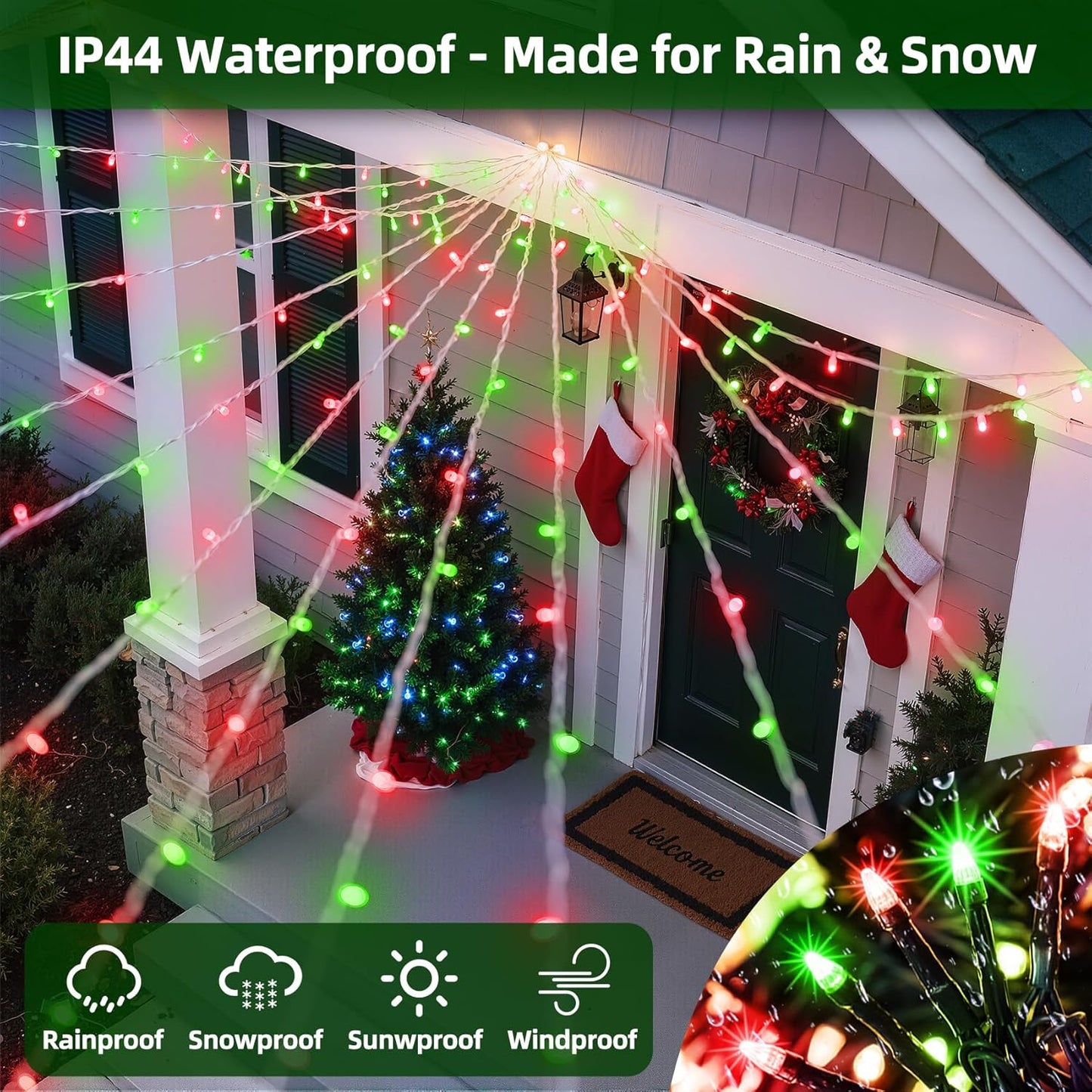 300LED Christmas Lights Outdoor Indoor Use, 12 Lighting Modes 75ft Christmas Tree Lights with Timer, Dimmable Red & Green LED StringLights Waterproof for Yard Tree Wedding Party Holiday Red & Green