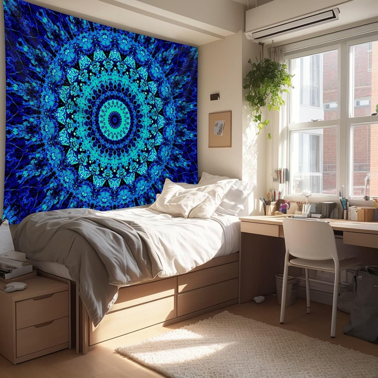 PSYHILAR Blacklight Mandala Tapestry for Bedroom, Black Light Posters for Adults and Teens, Neon UV Reactive Aesthetic Bohemian Wall Art Décor (90 x 70 Inches)