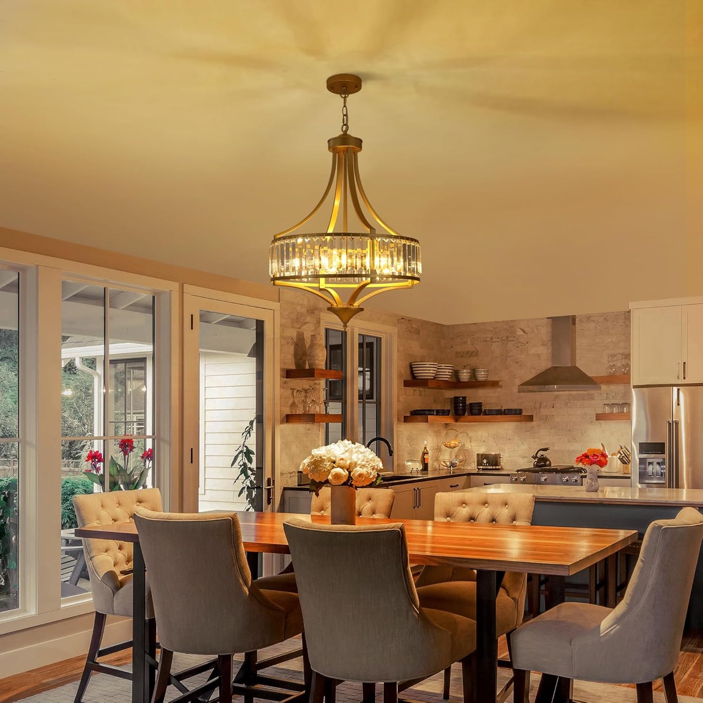 20" Modern Crystal Chandelier, 5-Light Gold Dinning Room Light Fixtures Over Table, Hanging Round Pendant Chandelier for Kitchen Island Entryway Bedroom Office Bathroom Stairwell