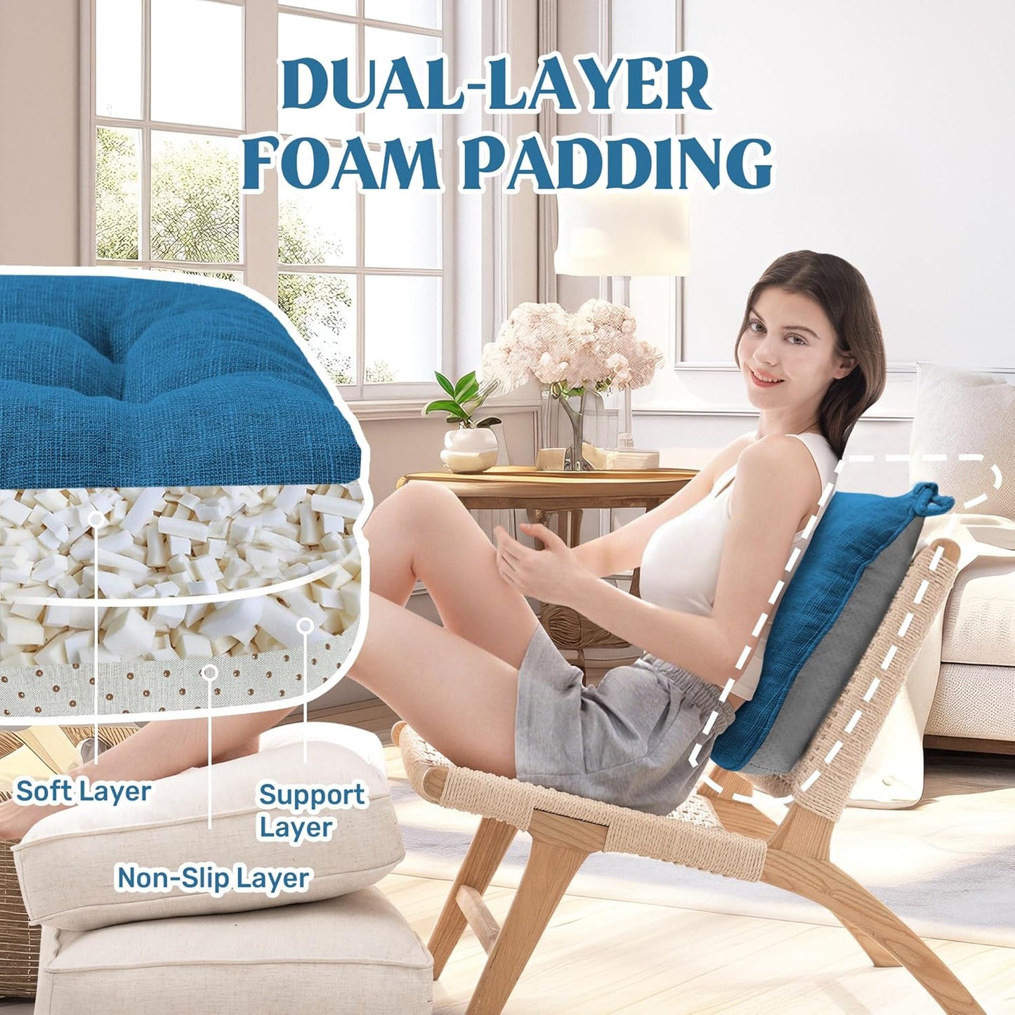 puredown® Chair Cushions for Dining Chairs, Tufted Memory Foam Chair Pads with Non-Slip Backing, Kitchen Seat Cushions with Ties, Washable Seat Pads Set of 4, 15.5" x 15.5" x 4", Navy