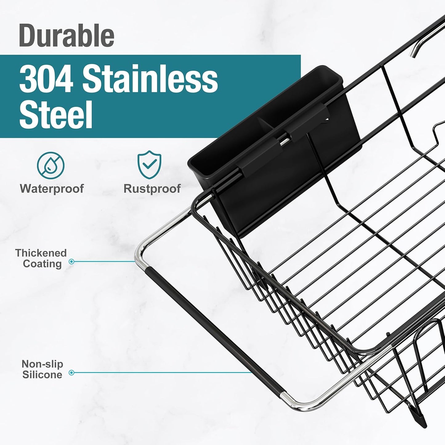 Dish Drying Rack in Sink, Over The Sink Colander Strainer Basket, Stainless Steel Strainer Basket with Expandable Rubber Grip Handles for Vegetables, Fruits, Home Kitchen Essentials, Black