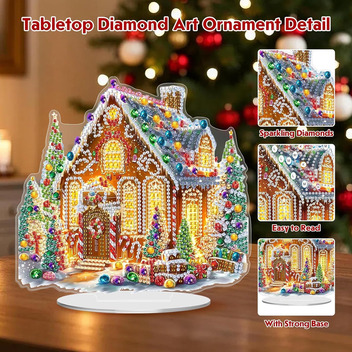 MEIYUDA Christmas Diamond Art Tabletop Kits, Christmas House Diamond Art Painting Desktop Ornaments for Adult, DIY Special Shaped Crystal Desk Placement Ornament for Home Office Decor Crafts Gift