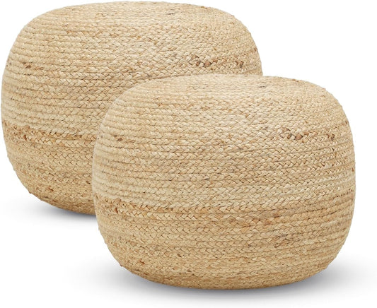 REDEARTH · Jute Circular Pouf Ottoman - Braided Pouffe Accent Sitting Round Footrest for Living Room, Bedroom, Nursery, kidsroom, Patio, Gym; 100% Jute Set of 2 (19.5"x19.5"x14"; Jute Natural)