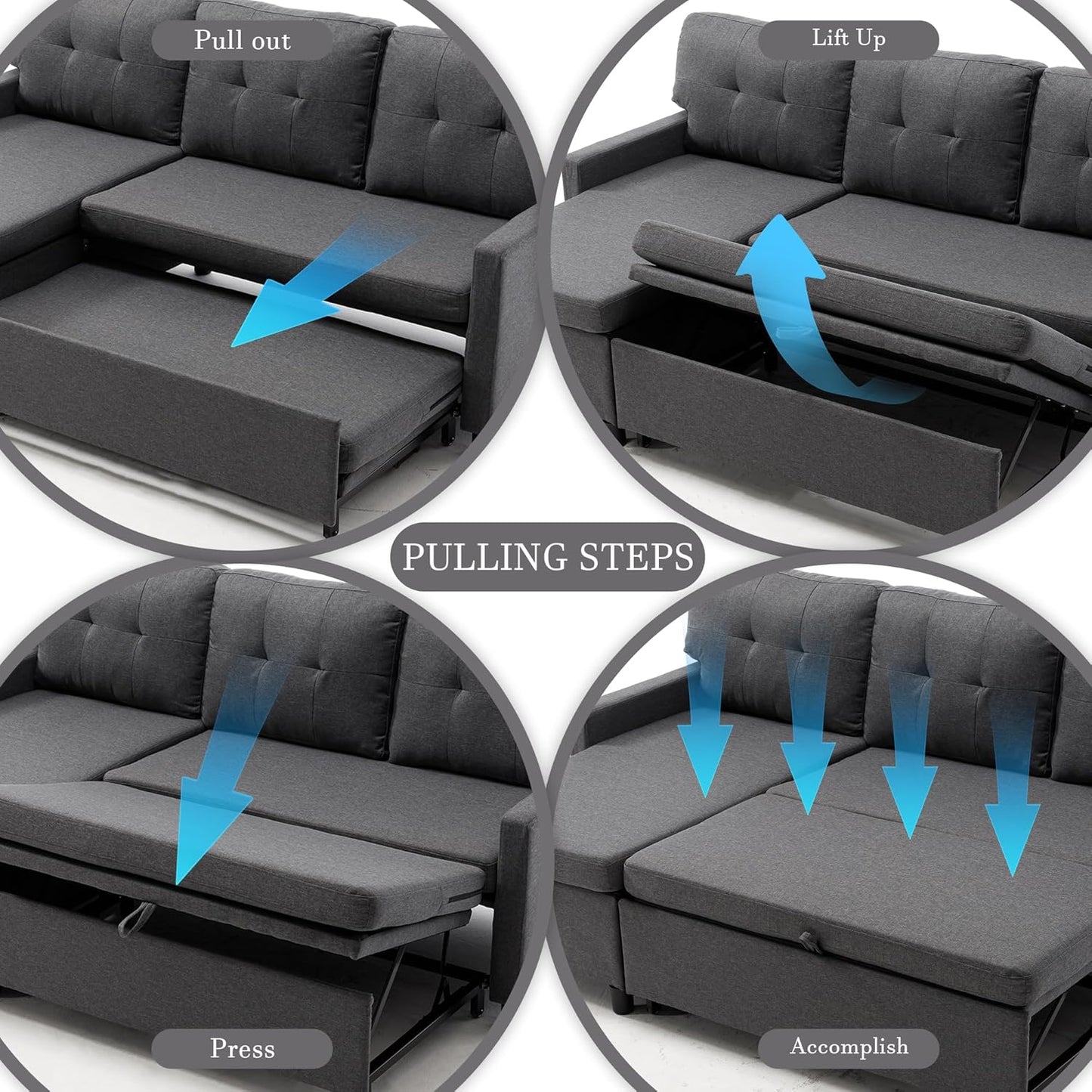 Pull Out Couch, Oversized Sleeper Sofa Couch, Sectional Sleeper Sofa Bed for Living Room Bedroom Lounge (Grey, 73 Inch)