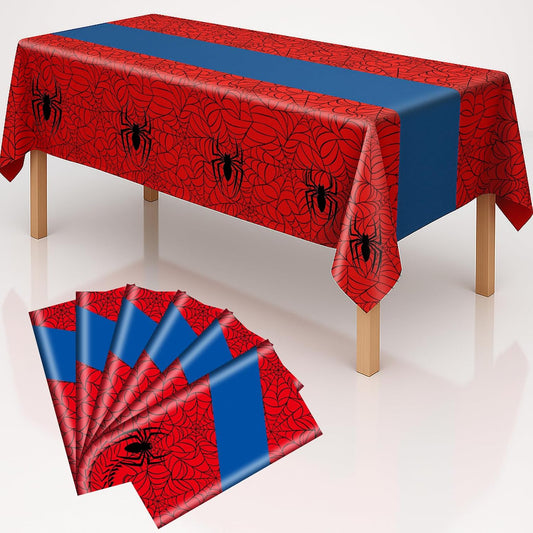 6-Pack Spider Theme Tablecloths - 54x108 Inch Disposable Plastic Table Covers for Birthday & Halloween Parties, Red & Blue Web Design Decorations for Little Ones, Adults, Indoor/Outdoor Event