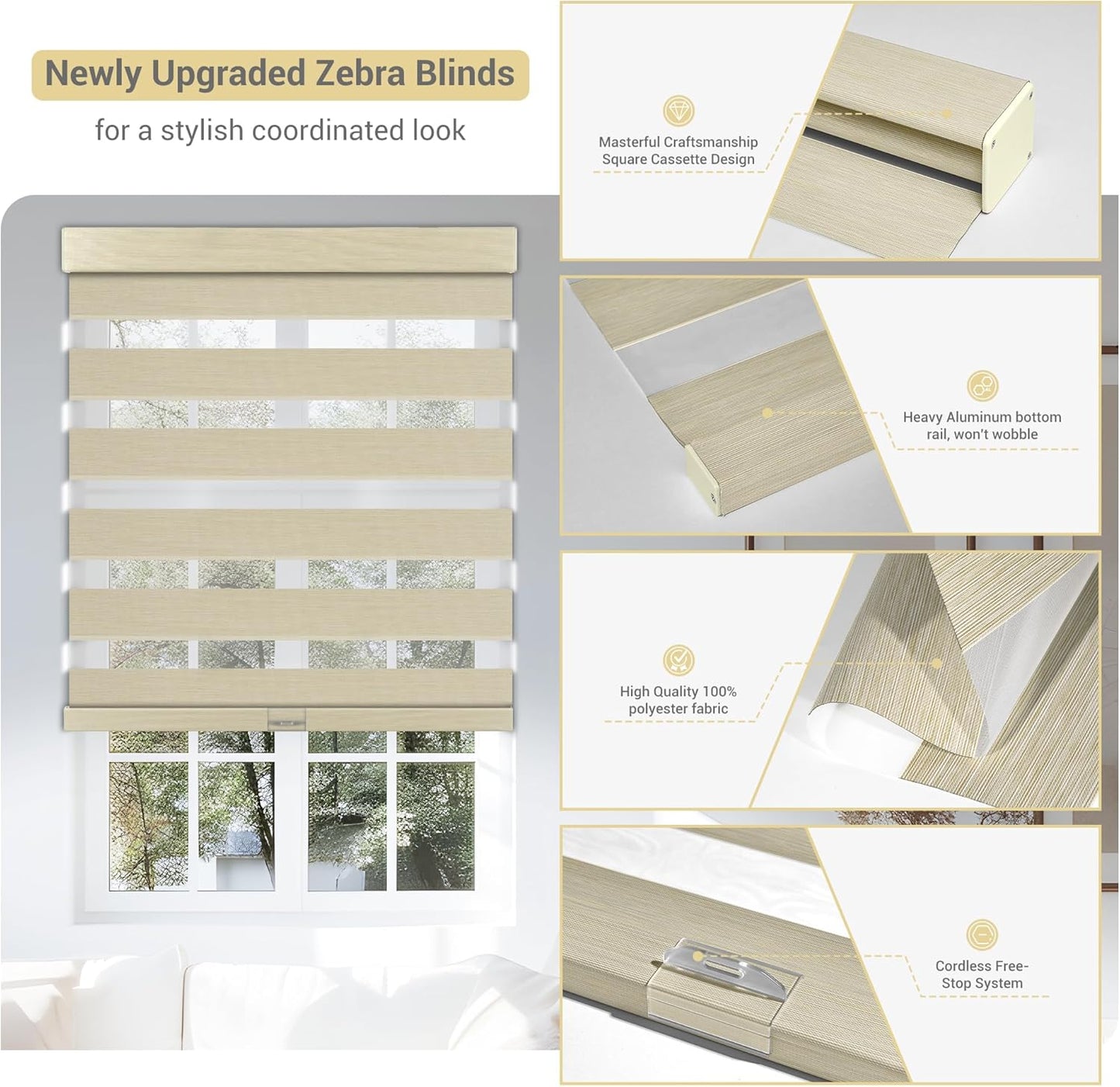 Cordless Zebra Blinds for Windows, Blackout Interior Blinds,Easy to Install,UV Protection,for Offices and Home,Custom Roller Shades, Mousse Beige,57" W x 48" H