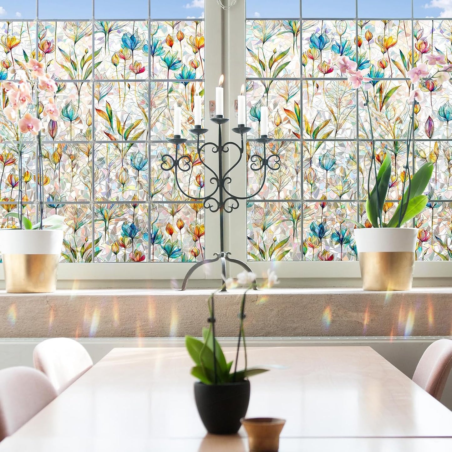 Rainbow Window Privacy Film 3D Floral Decorative Stained Glass Window Film Anti UV Non-Adhesive Reusable 17.5" x 157.4" for Home Room Car Glass Cling