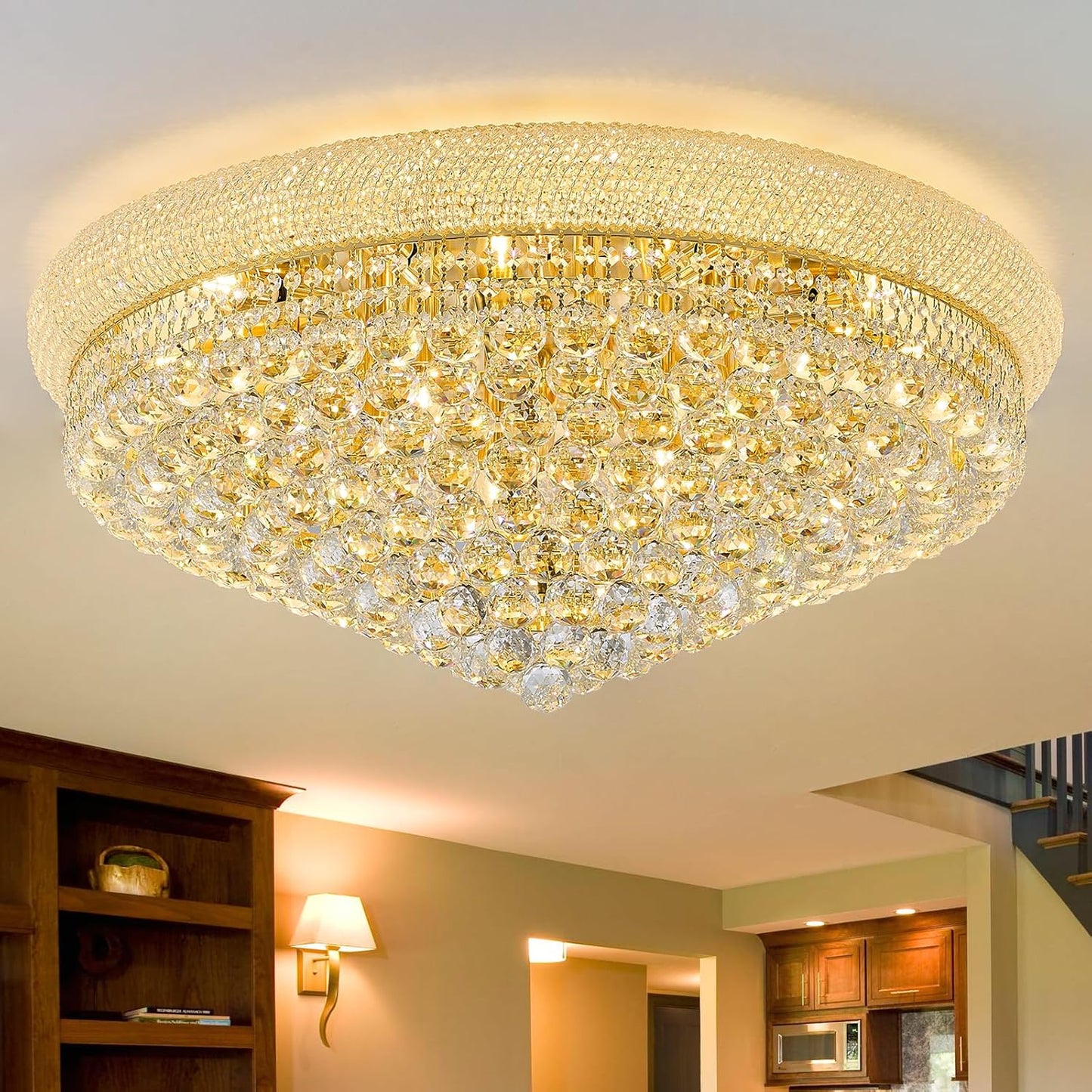 18-Light 32 inch Large Crystal Chandelier Flush Mount Ceiling Light Fixture for Living Room Dining Room Bedroom Foyer Entryway Gold Finish