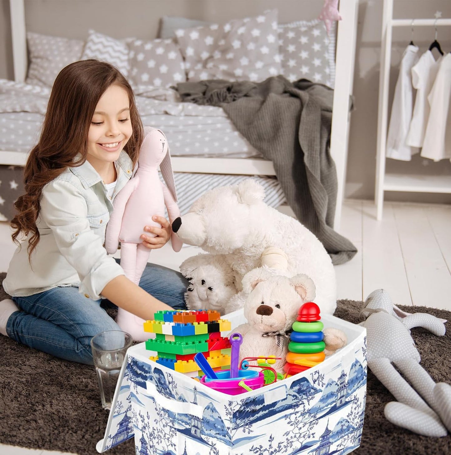 susiyo Ink Chinoiserie Pagodas Storage Bin Large Collapsible Storage Box Stackable design Fabric Storage Bins with Lids Decorative Multi-Color Foldable Organizing Baskets For Closet