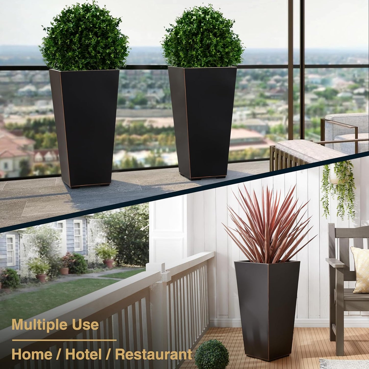 26 Inch Planter Tall Tapered Planter for Front Porch, Patio, Deck, Garden Indoor/Outdoor Tree Planters, Set of 4, Black with Copper Hand Brushed Rim