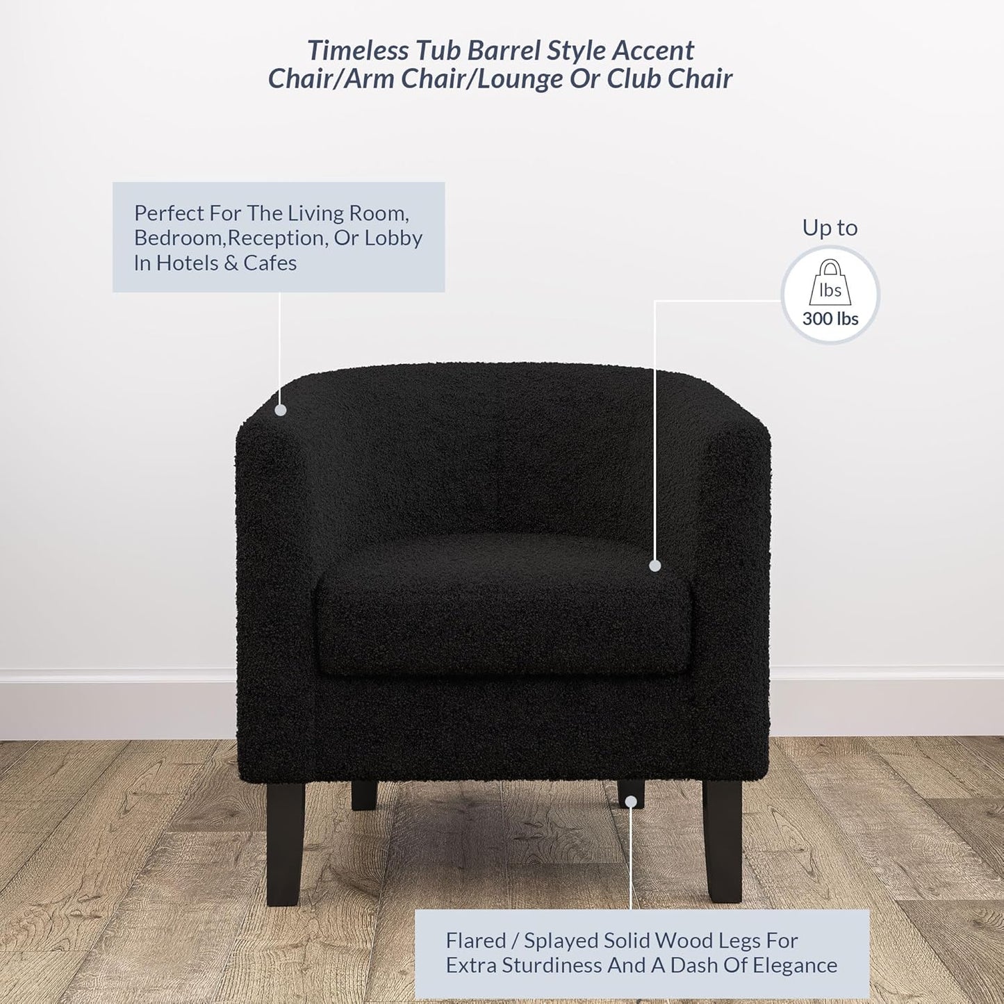 BELLEZE Living Room Chairs Set of 2, Teddy Polyester Accent Barrel Chairs, Club Tub Sofa Chairs for Bedroom, Corner Chairs with Flared Legs and Cozy Soft Padding - Highland (Teddy Black)