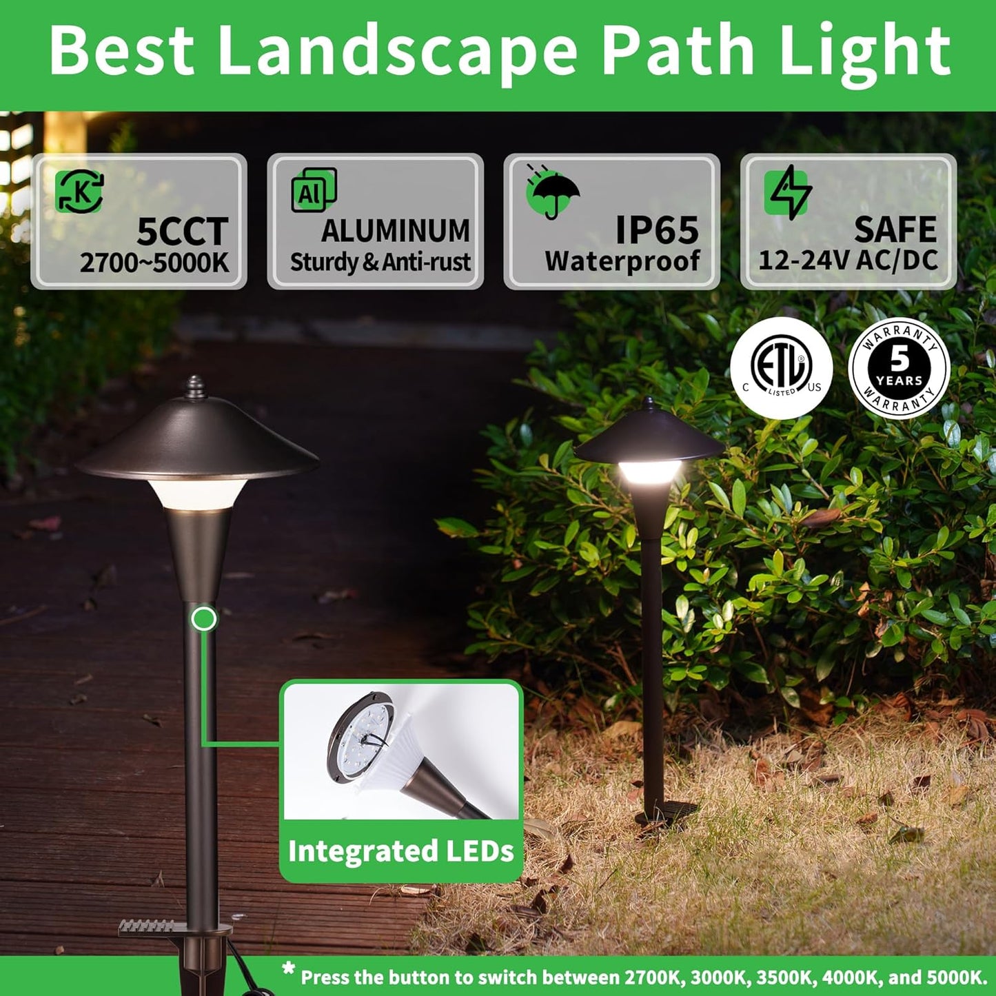 Hardwired Landscape Path Lights, Warm & Cool White Selectable Pathlight 12V, Low Voltage Walkway Light Waterproof, 5W 200LM ORB Metal Outdoor Lighting for Driveway Garden Sideway (6 Pack)