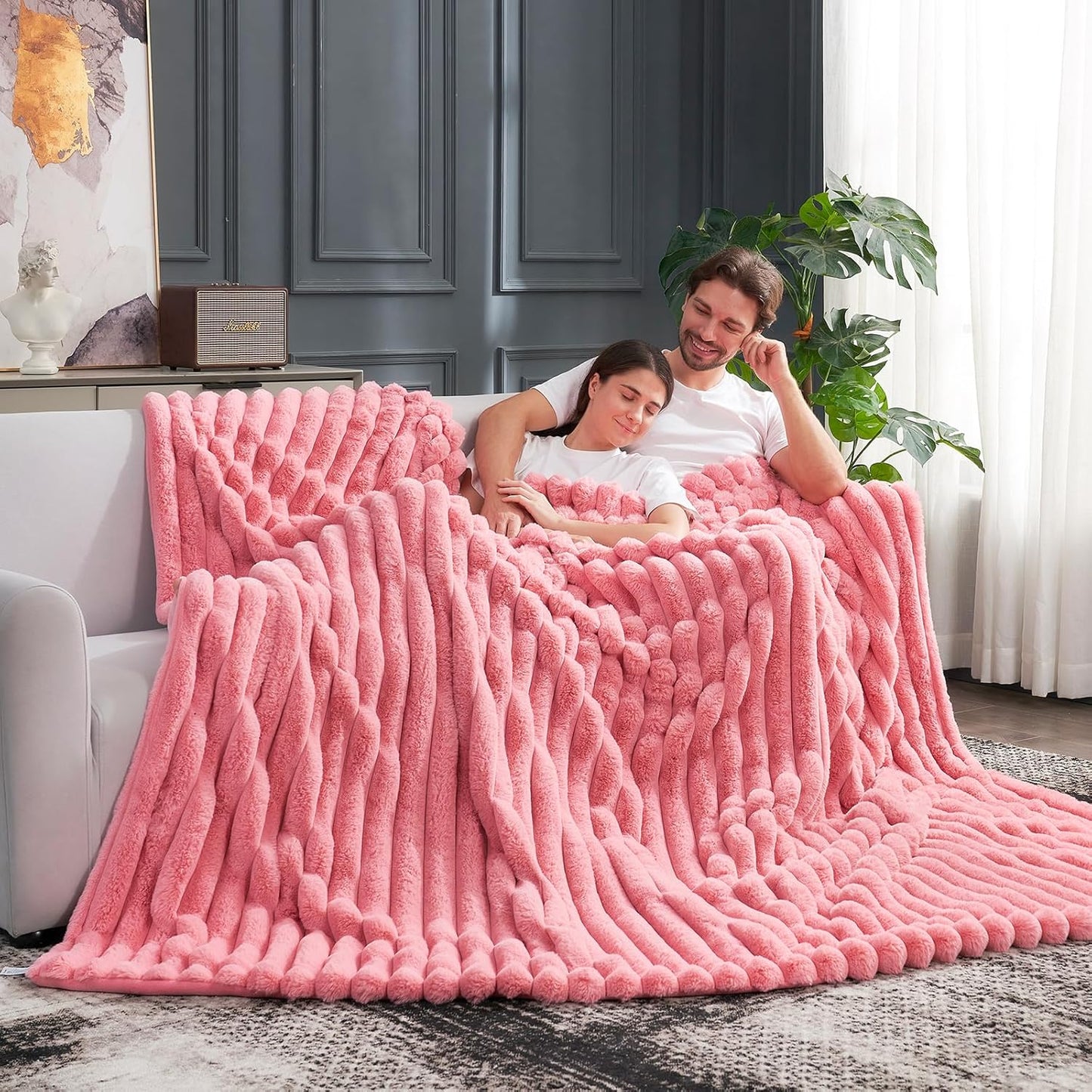 Cozy Bliss Faux Fur Throw Blanket for Couch, Cozy Warm Plush Striped Blanket for Sofa Bedroom Living Room,60 * 80 Inches Hot Pink