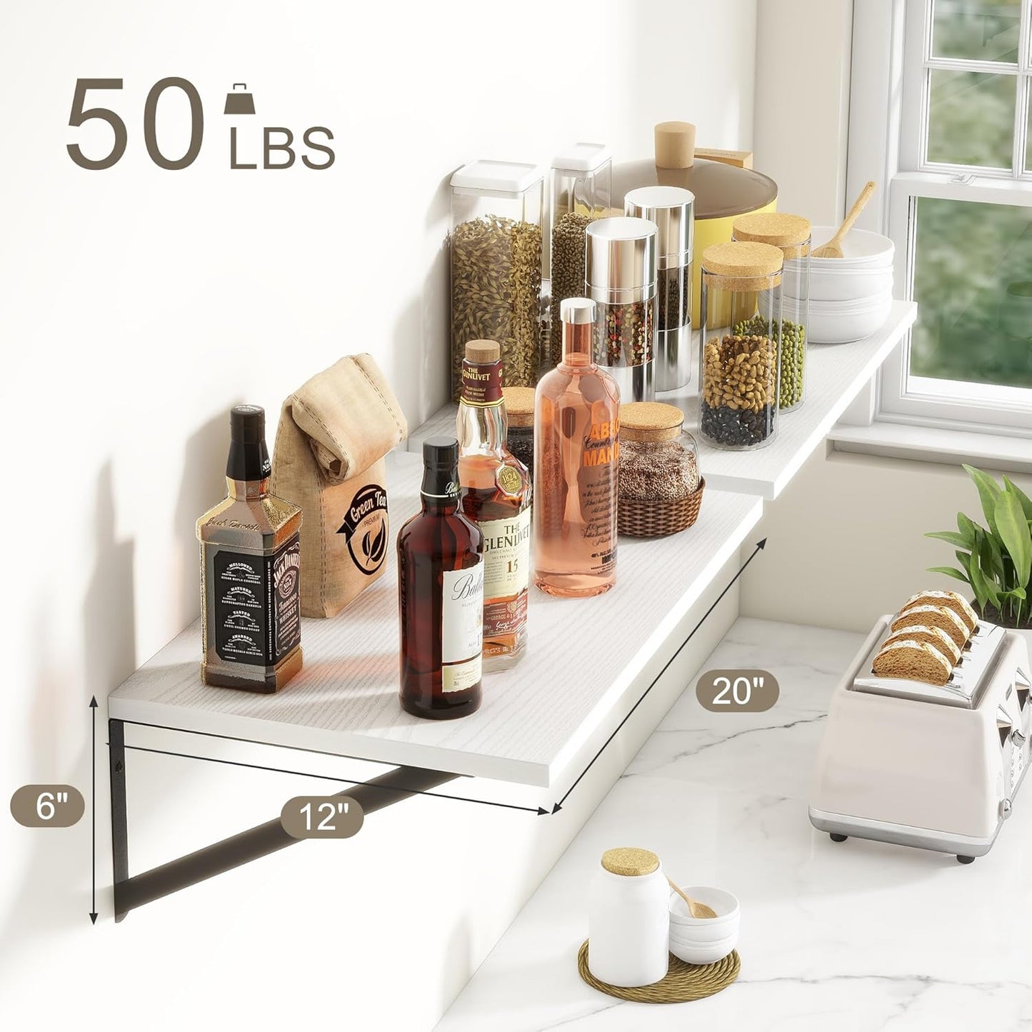 Fun Memories 20 Inch Floating Shelves for Wall, White Bathroom Shelves Set of 2, 12 Inch Deep Wall Shelf for Bedroom, Kitchen, Large Home Decor Shelves Farmhouse Storage Shelf