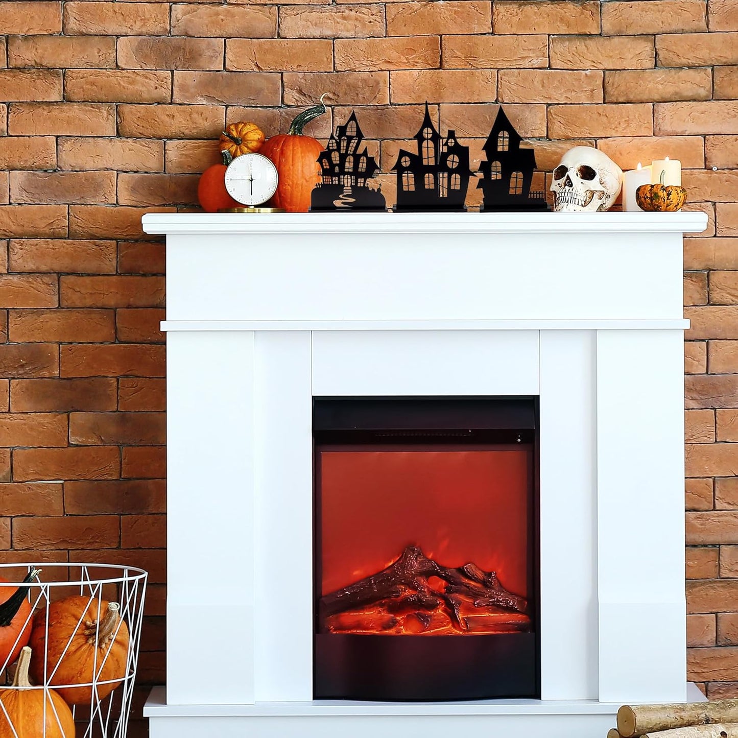 AuldHome Design Spooky Halloween House Village Silhouettes (Set of 3); Scary Haunted House Wood Statue Figurines Centerpiece Set