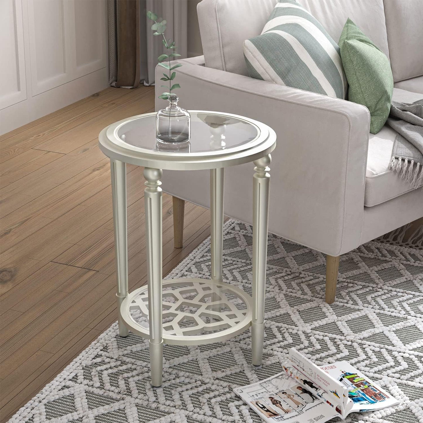 COSIEST Set of 2 Modern Round End Table, 2-Tier Glass Side Table with Glass Tabletop, Wood Accent Table with Storage Shelf for Living Room, Bedroom