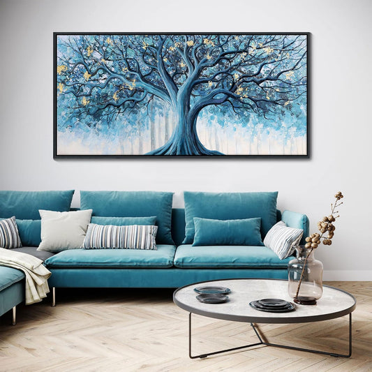 Navy Blue Canvas Wall Art - Blue and Gold Nature Wall Decor, Tree of Life for Bedroom Wall Art, Large Pictures for Living Room, Office, or Bedroom, Framed Landscape Artwork 20×40IN