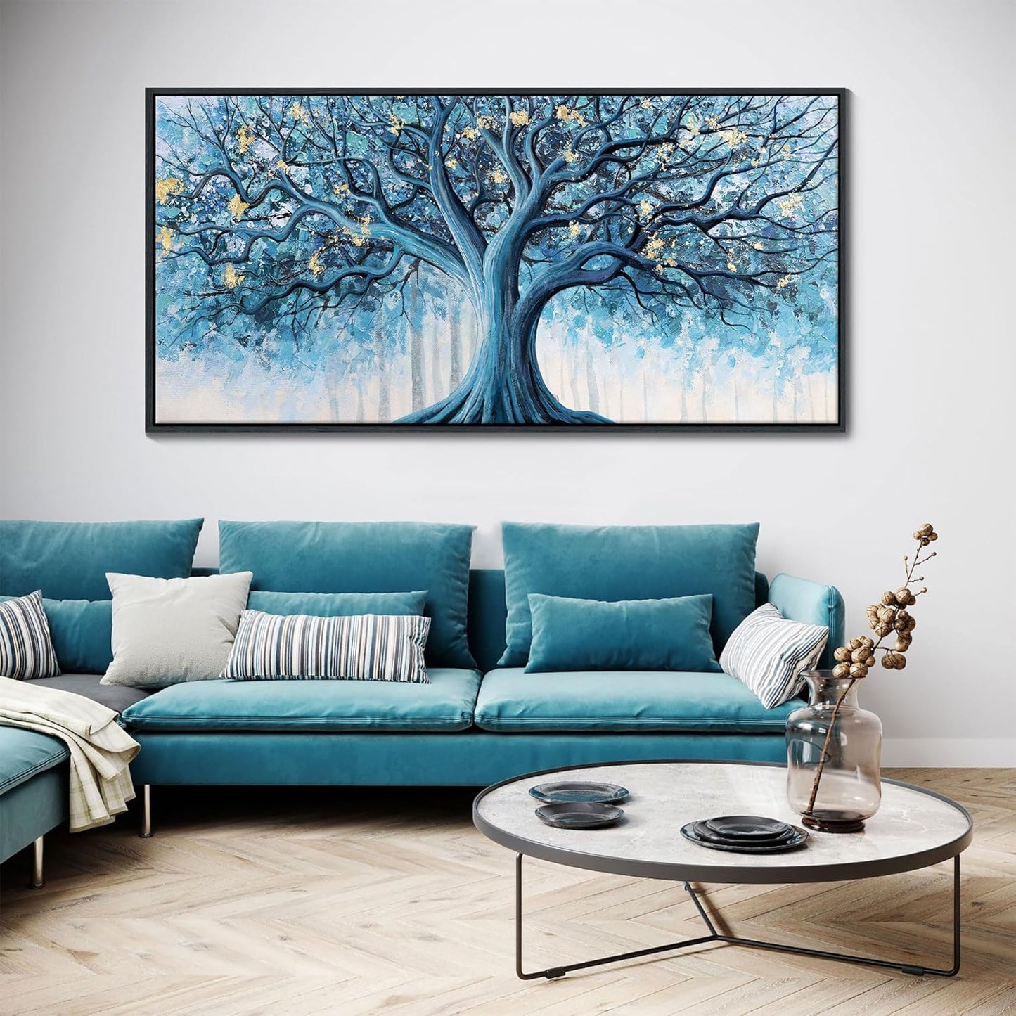 Navy Blue Canvas Wall Art - Blue and Gold Nature Wall Decor, Tree of Life for Bedroom Wall Art, Large Pictures for Living Room, Office, or Bedroom, Framed Landscape Artwork 29×58IN