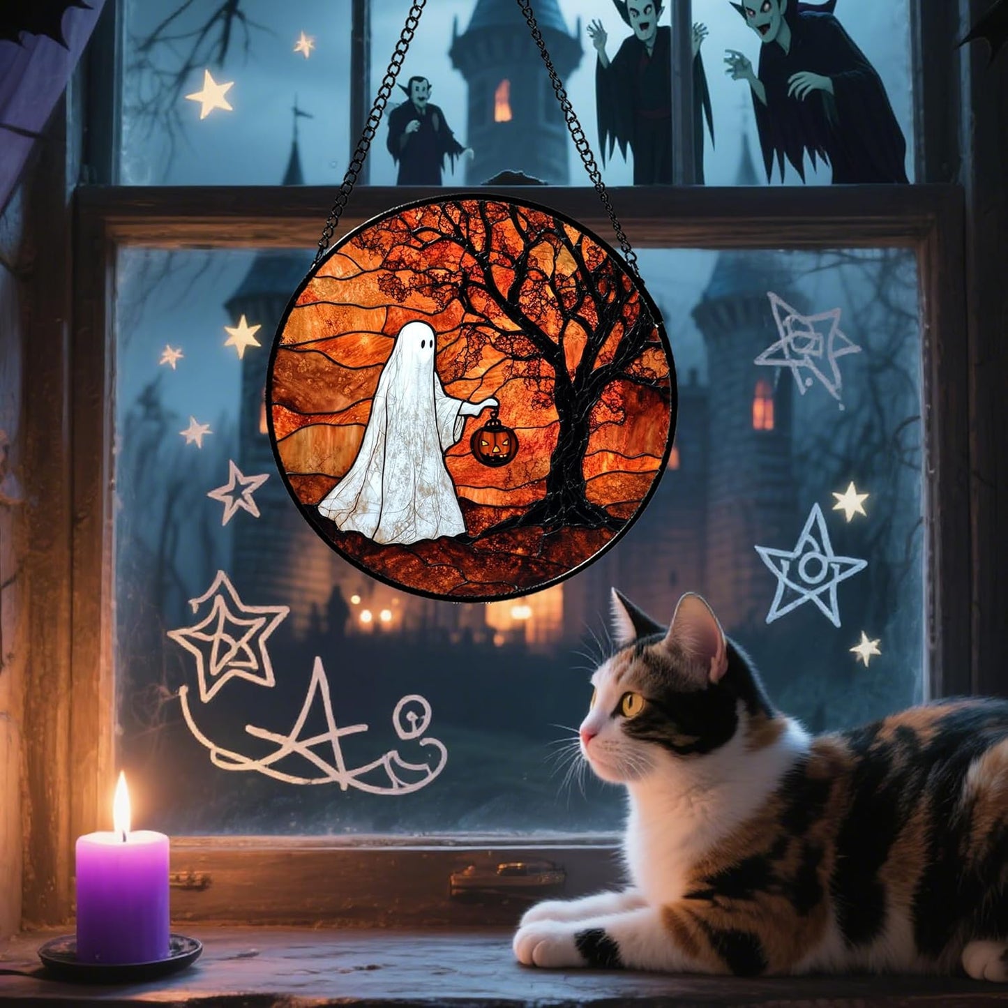 Stained Glass Window Hanging - Halloween Ghost Holding A Pumpkin Lantern Suncatcher for Door Garden Spooky Tree Sun Catchers Gothic Decorations Horror Gifts for Women Men Friend 9.8 in