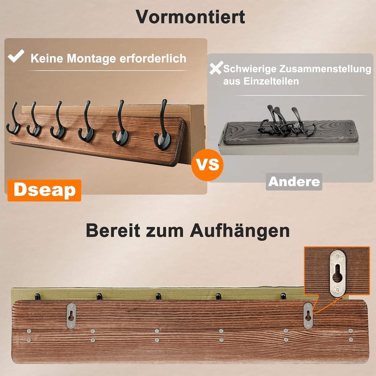 Dseap Wall Mounted Coat Rack: 24" Long, Patented, Heavy-Duty, 6-Double-Hooks Wooden Hanger Rail for Winter Coats, Hat, Jacket, Clothing - Black, Pack of 2