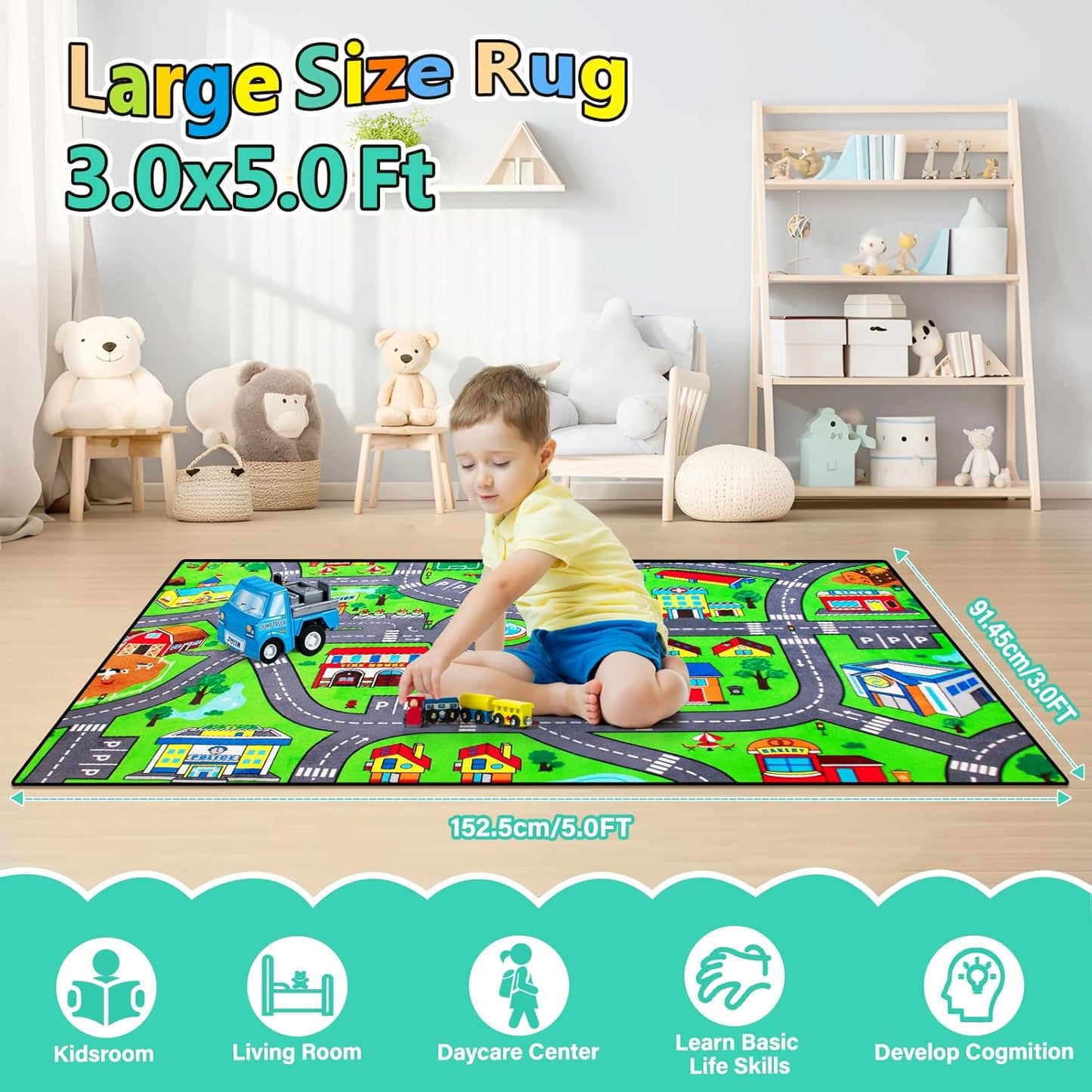 Road Car Rug,City Road Rug for Kids,3x5 Ft Kids Floor Play mat,and Car Carpet Play Mat with Realistic Colors – Perfect for Children and Non-Slip for Classroom,Playroom and Bedroom