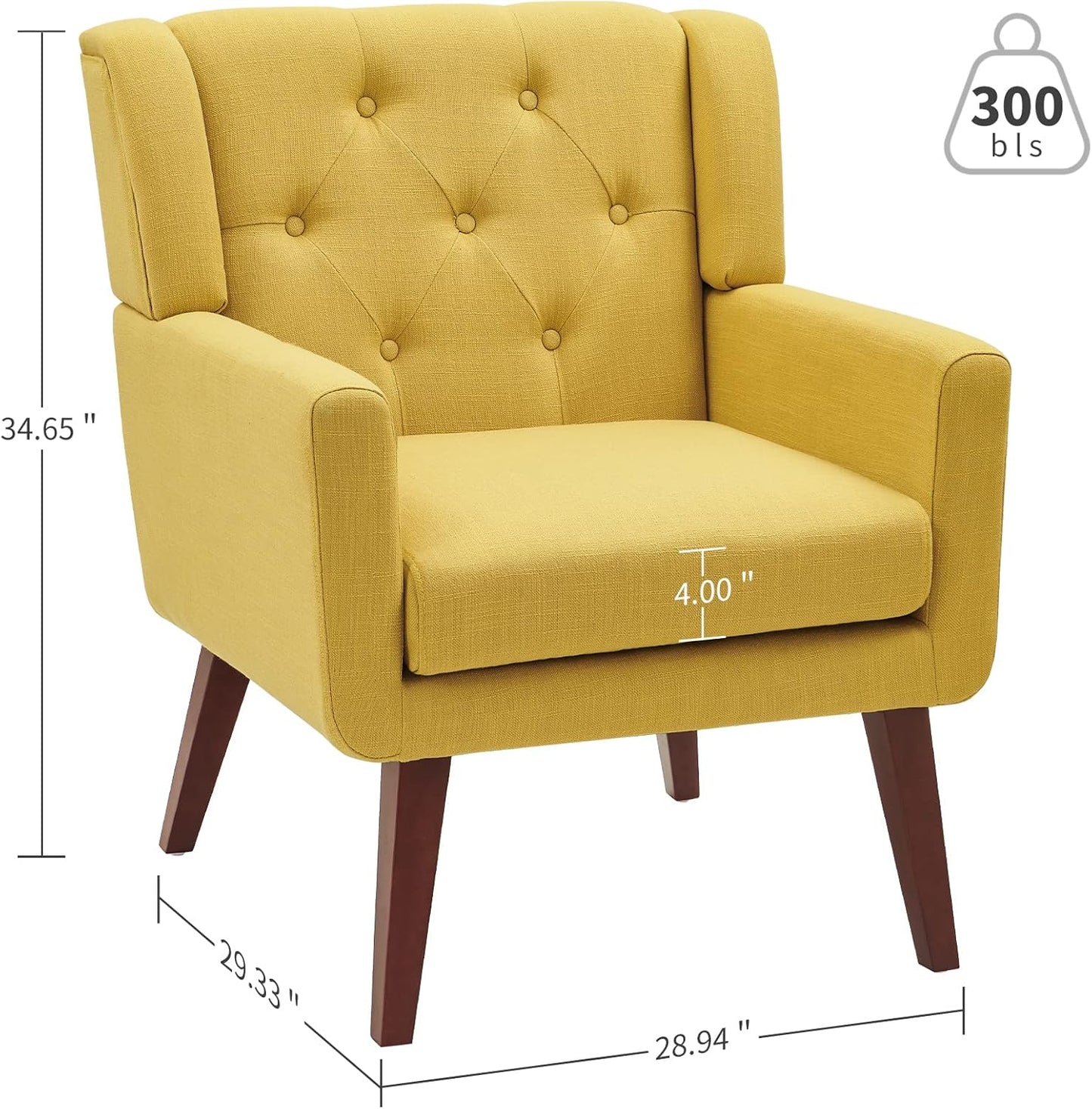 Accent Chair Button-Tufted Upholstered Living Room Chairs Comfy Reading Chair Mid Century Modern Chair with Linen Fabric Lounge Arm Chairs for Living Room Bedroom (Yellow Set of 2)