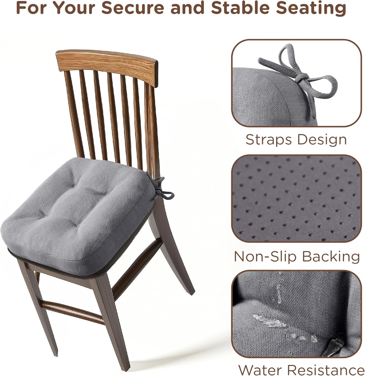 Codi Dining Chair Cushions 4 Pack, Thick Chairs Pads for Indoor Kitchen Room - Washable, Non-Slip Seat Cushion with Ties, 16.5"x16.5"x 3.5", Set of 4, Grey