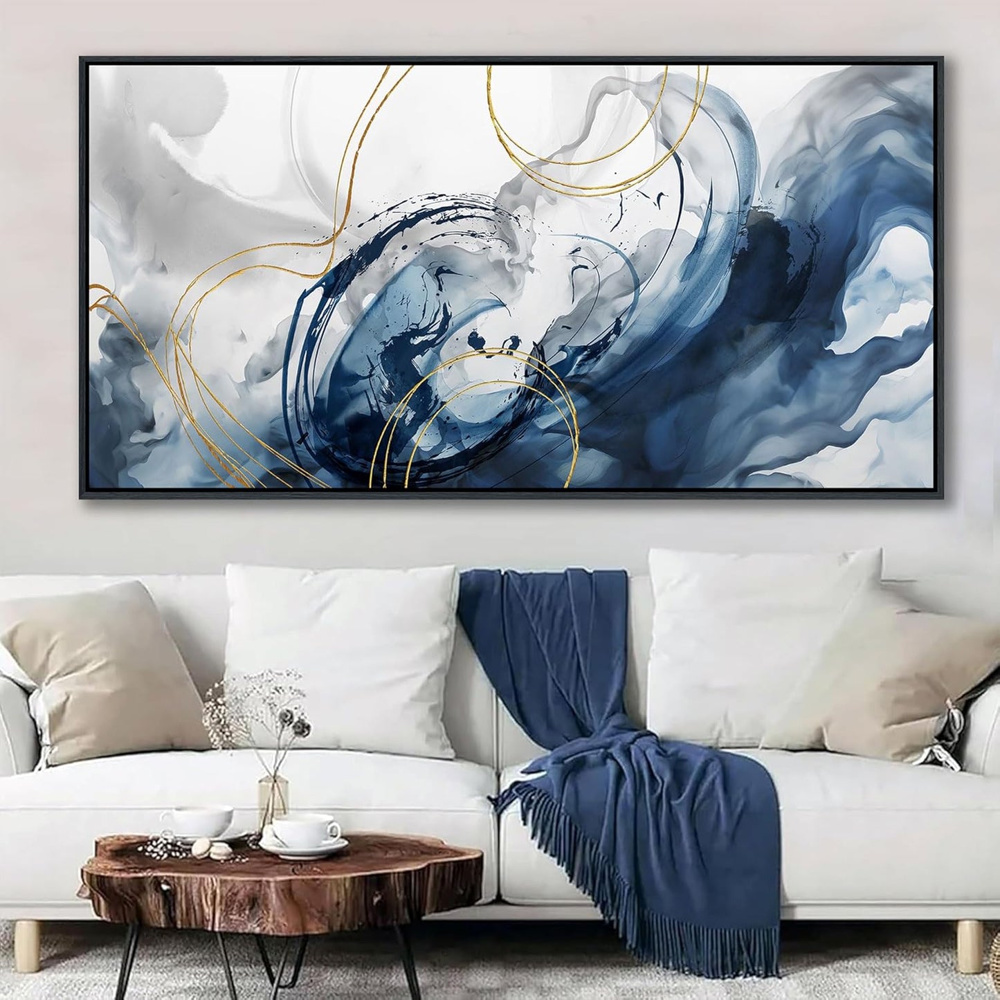 Mofutinpo Blue Wall Art Framed Abstract Canvas Wall Art Blue Pictures for Living Room Wall Decoration Large Modern Office Artwork Wall Decor Graffiti Paintings for Bedroom 24×48IN