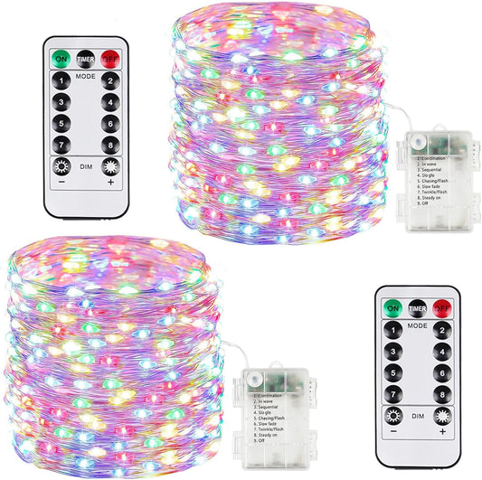 2 Pack 100LED Battery Operated Fairy Lights with Remote, 8 Modes LED String Lights with Timer, Dimmable, Memory Function, Waterproof Twinkle Lights for Outdoor Indoor Christmas Decor(Multicolor)