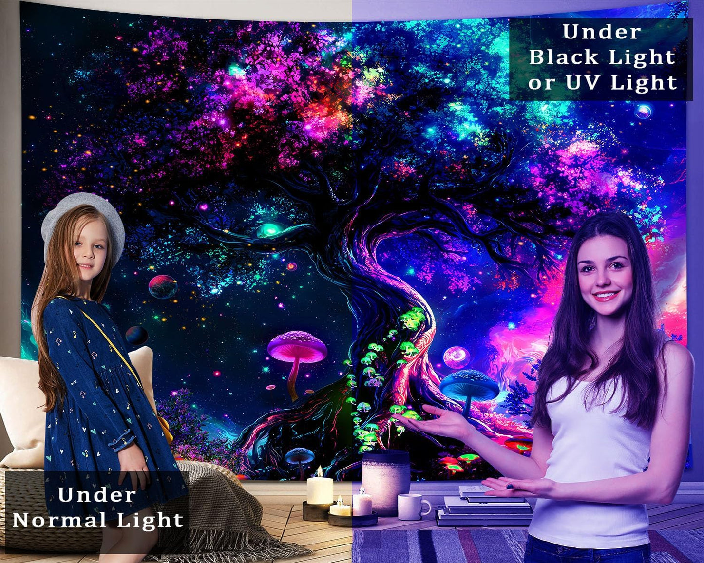 dueeia Blacklight Tree Life Tapestry Wall Hanging Fantasy Black Light Glow in the Dark Uv Mushroom Tapestries for Bedroom Aesthetic Living Room Wall Decor (90.6"x70.9")