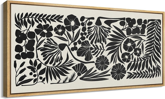 MUDECOR Extra Large Framed Canvas Print Wall Art Monochrome Botanicals Black and White Floral Illustrations Antique Retro Fine Art Illustrations Decorative Colorful for Bedroom - 60"x30"