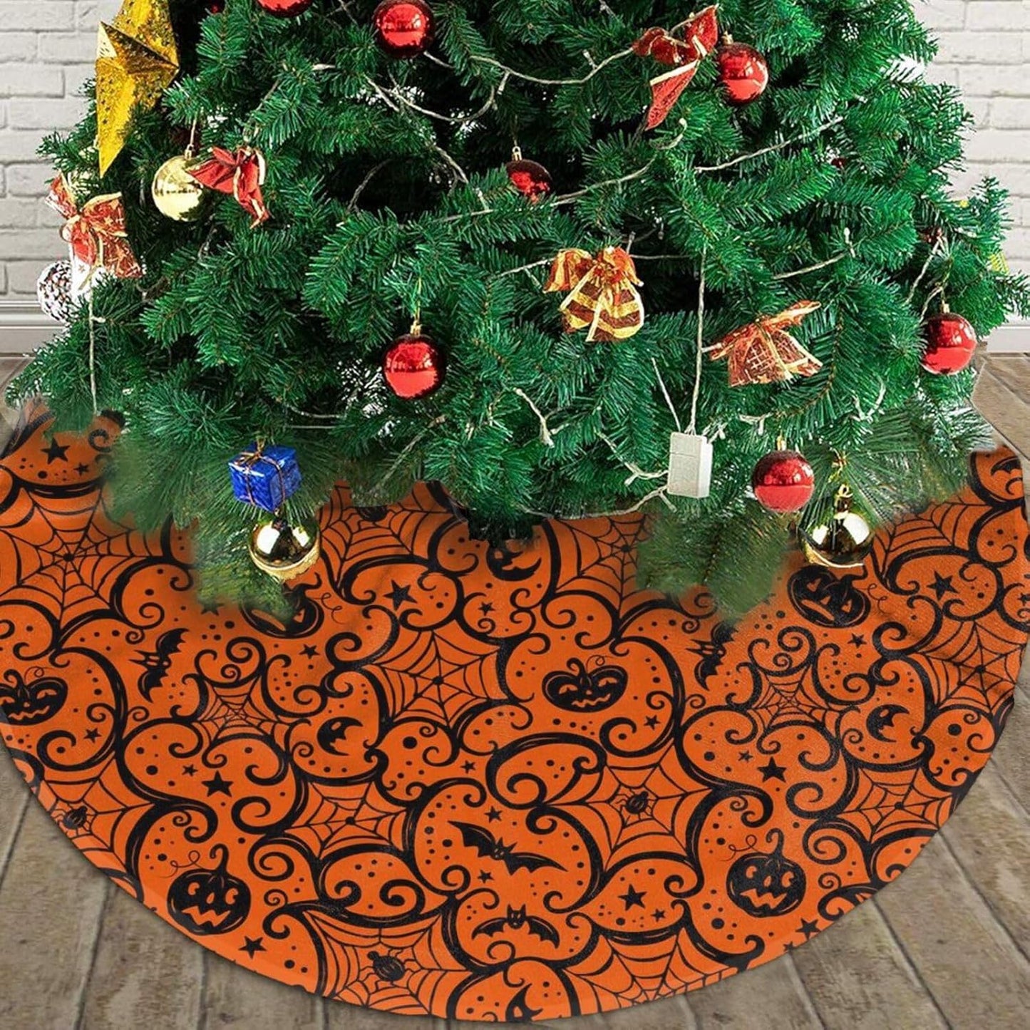 Christmas Tree Skirt,Halloween Pumpkin Xmas Tree Skirt Rustic Farmhouse Tree Skirt for Christmas Decor Xmas Holiday Home Party Decorations36