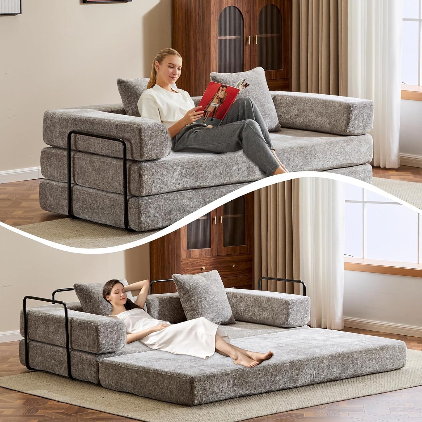 Convertible Sleeper Sofa Bed, Compression Folding Sofa with Pillow, No Assembly Required, Shape Frame, Floor Sofas Lounge Couchs for Living Room, Bedroom, Small Spaces(Chenille, 77''W, Light Grey)