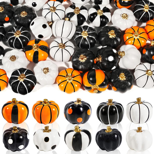 Rileryan 20 PCS Halloween Mini Resin Pumpkin Figurines Black White Orange Tiny Pumpkins Halloween Miniatures Village Decor Tabletop Centerpiece Mantel Kitchen Home Decoration