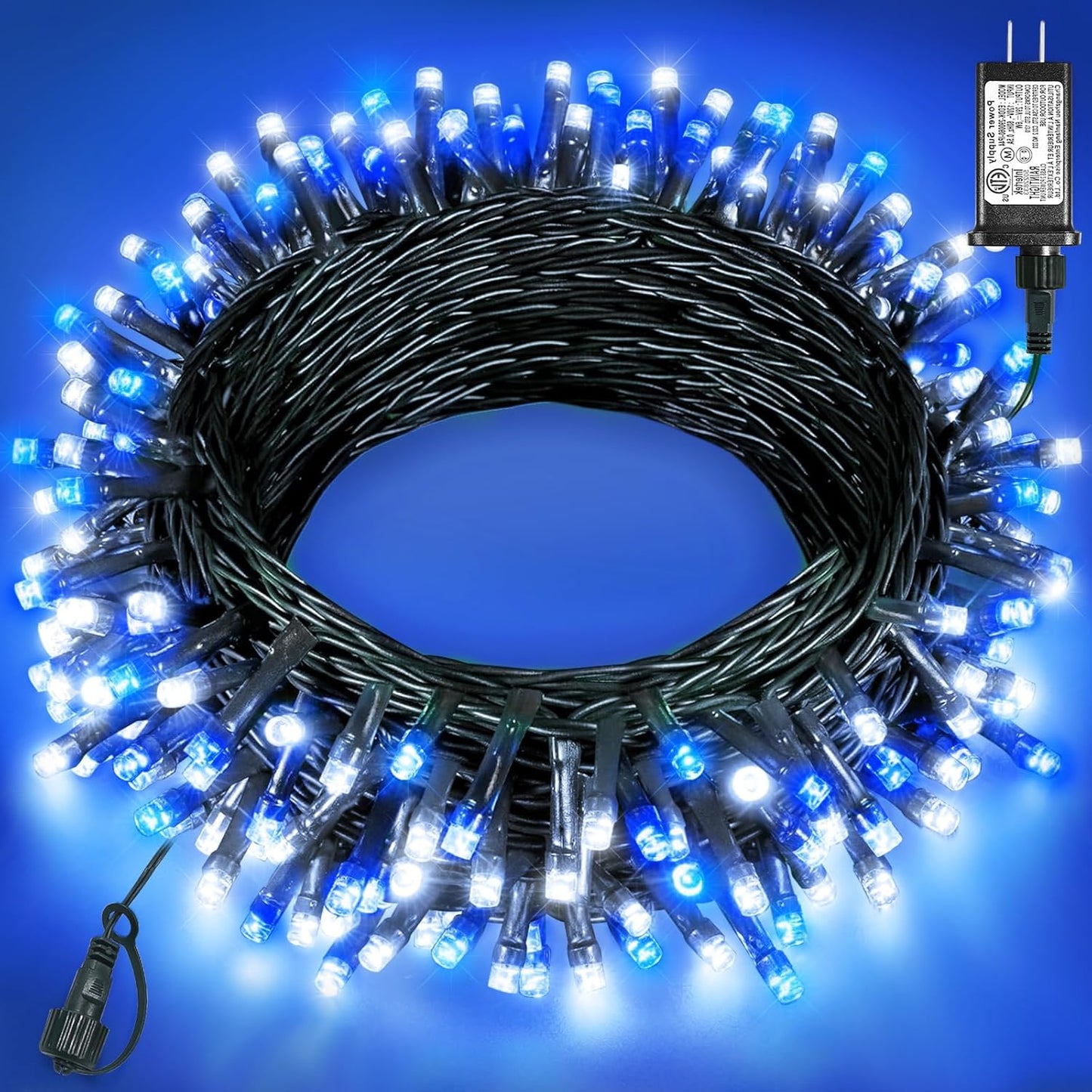Christmas Lights Outdoor 40FT 120 LED, Green Wire Christmas Tree Lights Waterproof, 8 Modes & Timer, Connectable String Light for Indoor Garden Yard Party Wedding Decorations, Blue White