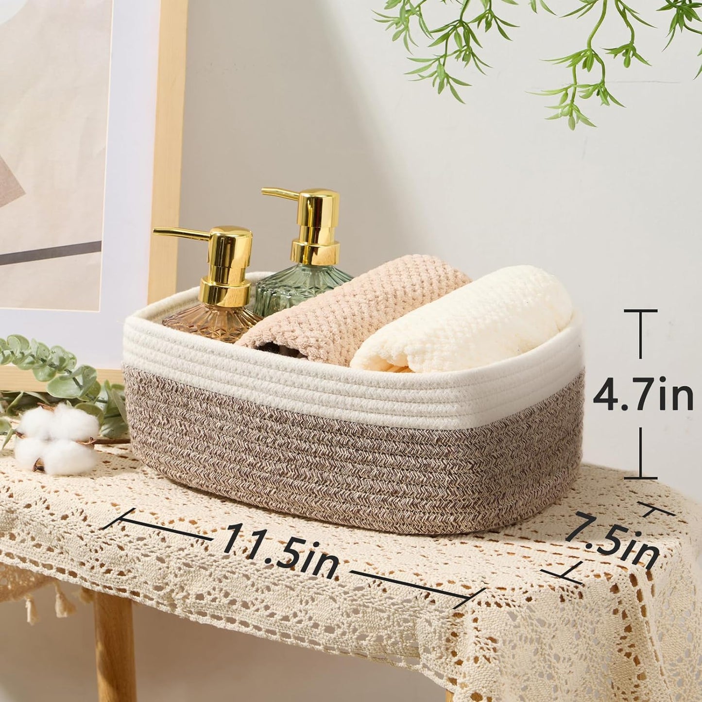 Small Storage Baskets for Organizing | Closet Organizer Bins | Shelf Toy Basket | Woven Rope Baskets | Cube Decorative Box | Shallow Basket | 11.5x7.5x4.7” | 4 Packs White Brown